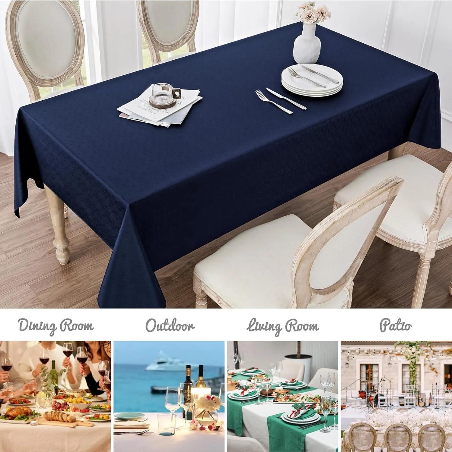 2 Pack Rectangle Tablecloth, 60x84 inch, Water Resistant Wrinkle Free Linen Textured Table Cloth Washable, Decorative Fabric Table Cover for Dining, Party and Camping, Navy Blue