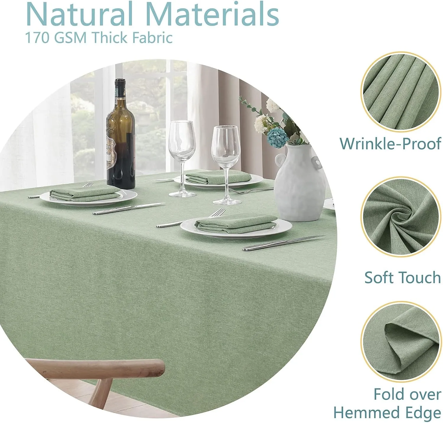 2 Pack Rectangle Tablecloth, 60x84 inch, Water Resistant Wrinkle Free Linen Textured Table Cloth Washable, Decorative Fabric Table Cover for Dining, Party and Camping, Sage Green