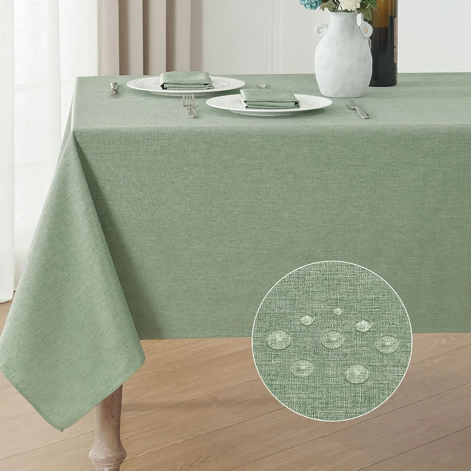 2 Pack Rectangle Tablecloth, 60x84 inch, Water Resistant Wrinkle Free Linen Textured Table Cloth Washable, Decorative Fabric Table Cover for Dining, Party and Camping, Sage Green