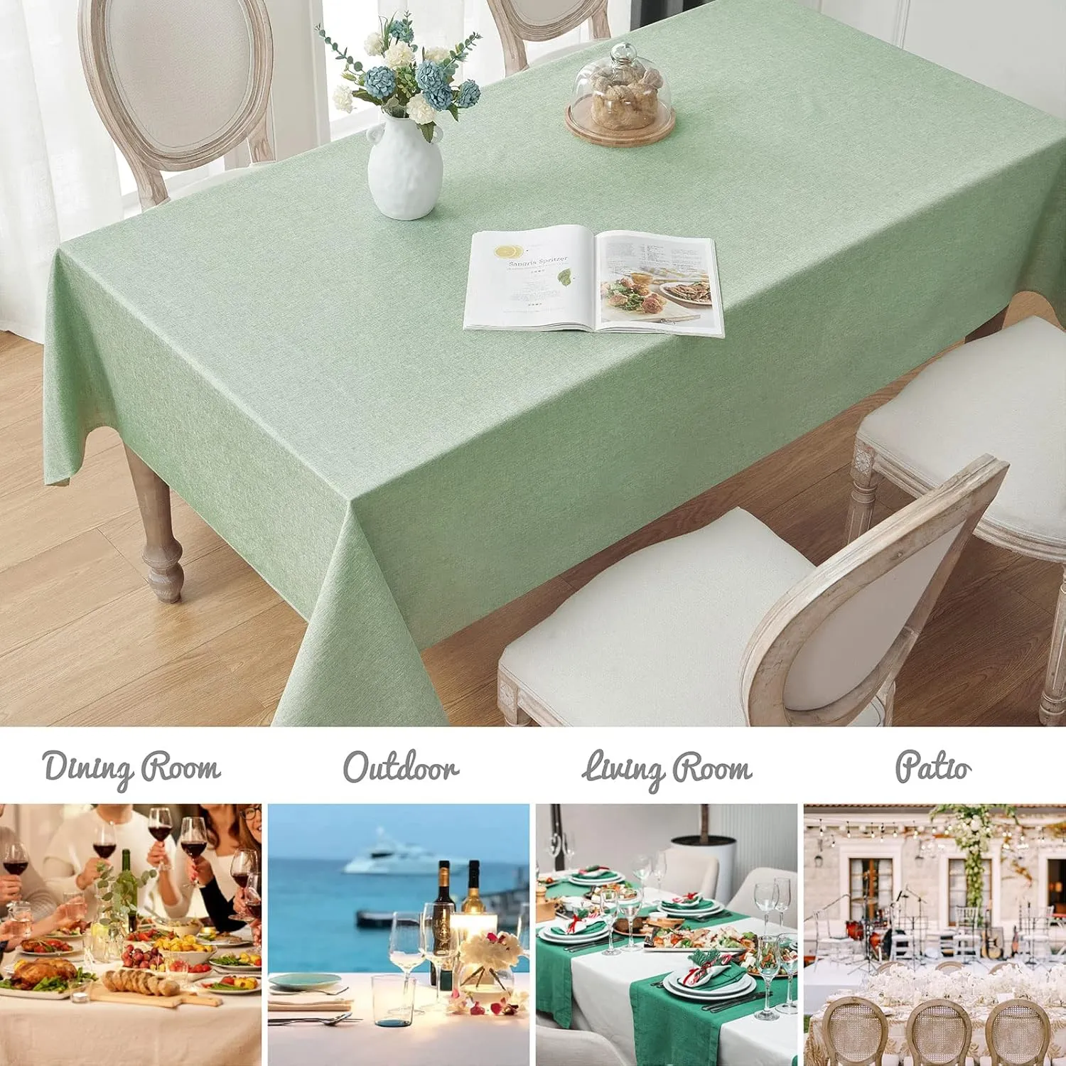 2 Pack Rectangle Tablecloth, 60x84 inch, Water Resistant Wrinkle Free Linen Textured Table Cloth Washable, Decorative Fabric Table Cover for Dining, Party and Camping, Sage Green