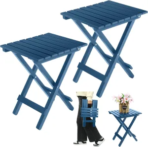 2 Pcs Small Folding Patio Side Table Outdoor Wood Wooden Small End Portable Plant Little Table for Garden Yard Porch Living Room Space Pool 11.4x11x14 inch (Dark Blue)