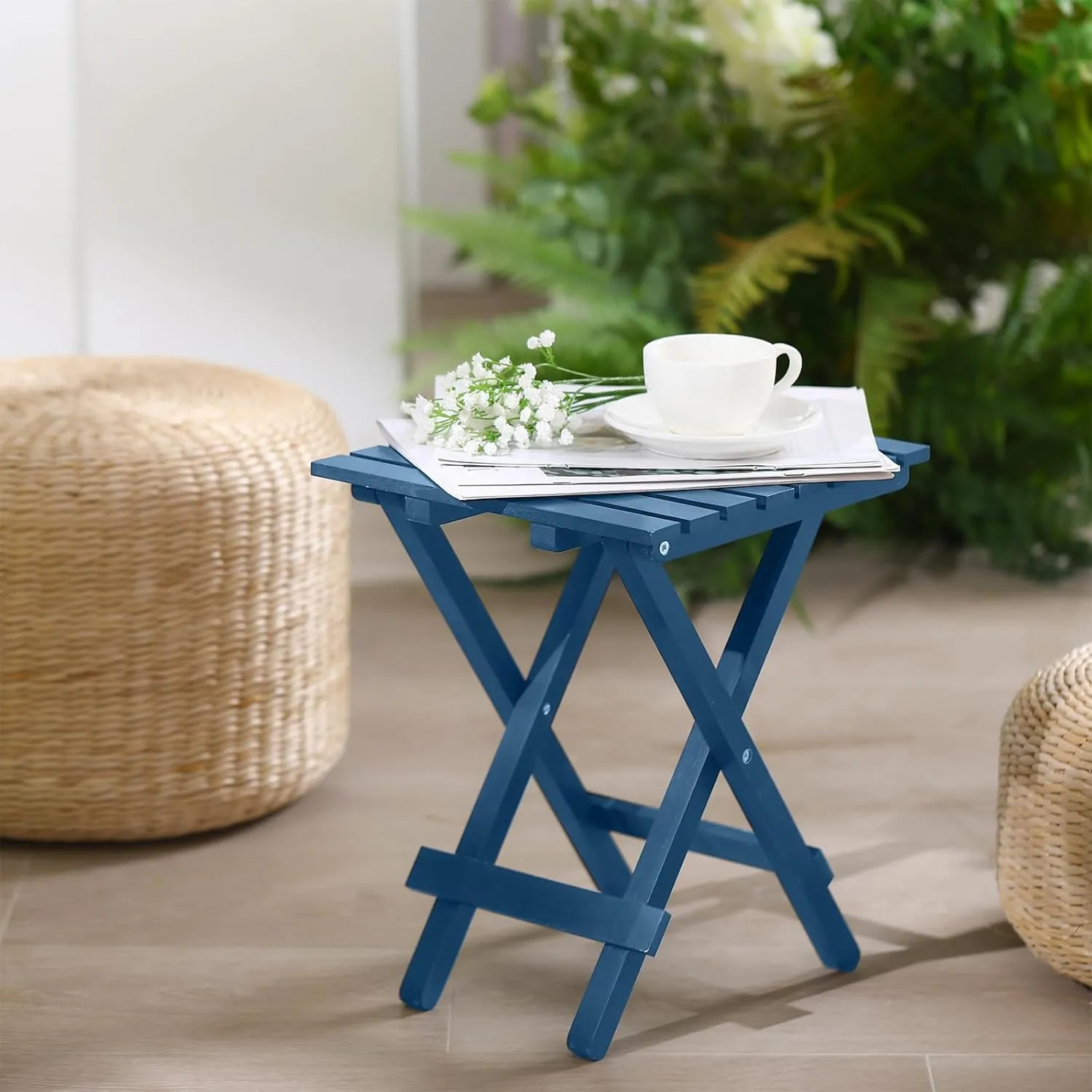 2 Pcs Small Folding Patio Side Table Outdoor Wood Wooden Small End Portable Plant Little Table for Garden Yard Porch Living Room Space Pool 11.4x11x14 inch (Dark Blue)
