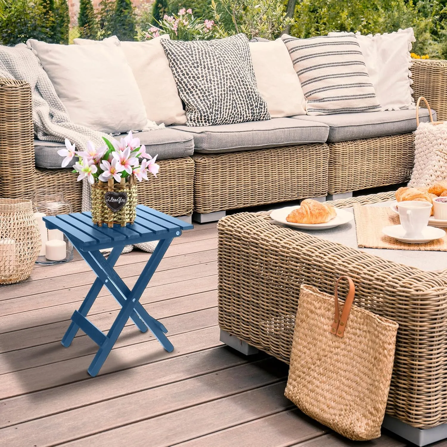 2 Pcs Small Folding Patio Side Table Outdoor Wood Wooden Small End Portable Plant Little Table for Garden Yard Porch Living Room Space Pool 11.4x11x14 inch (Dark Blue)