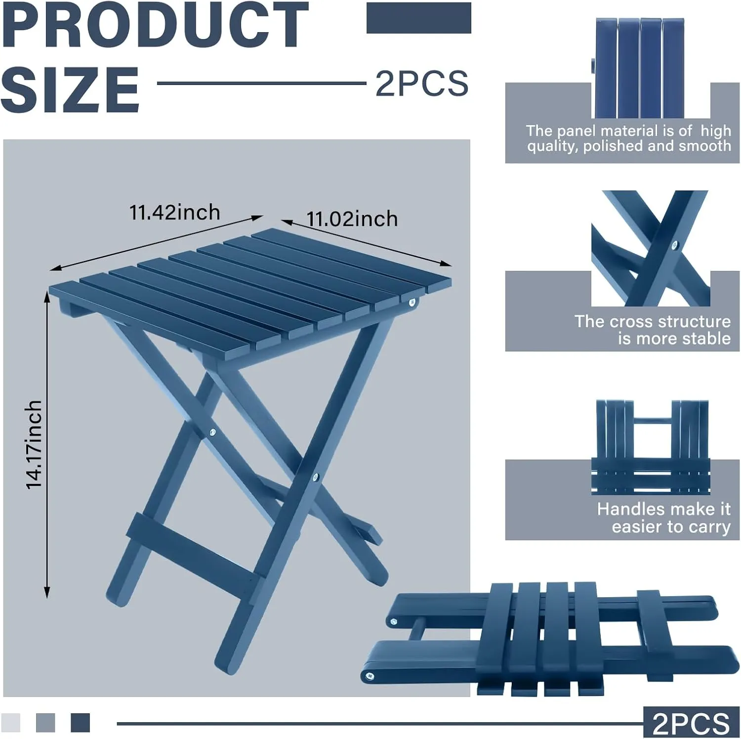 2 Pcs Small Folding Patio Side Table Outdoor Wood Wooden Small End Portable Plant Little Table for Garden Yard Porch Living Room Space Pool 11.4x11x14 inch (Dark Blue)
