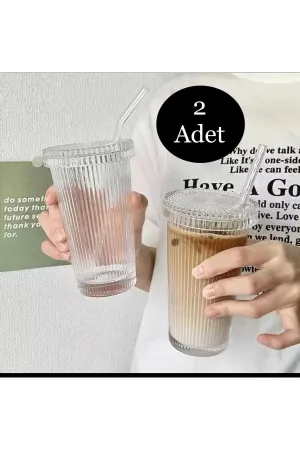 2 Pieces 400 ml Heat Resistant Origami Pattern Glass with Lid and Straw Milkshake and Soft Drink Glass
