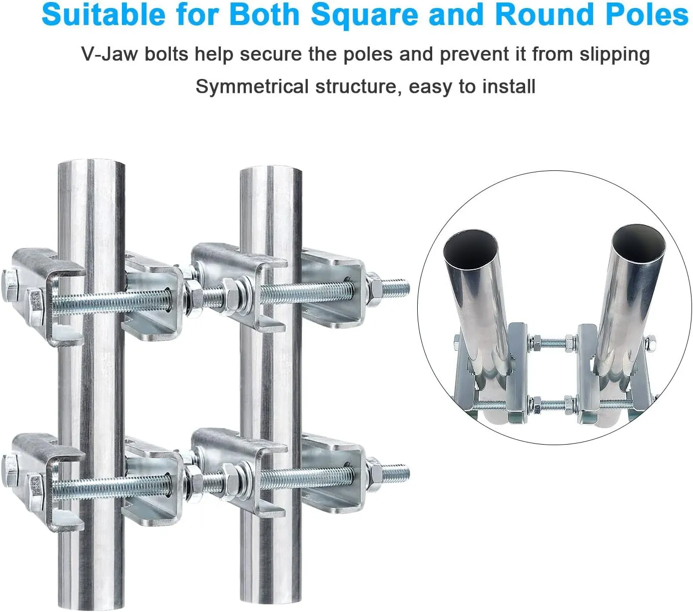 2 Sets Antenna Mast to Mast Clamp Bracket Kit with V Jaw Blocks for 1"-2.5" OD Poles, Heavy Duty Mounting Hardware for Ham TV Network Antennas, Security Cameras, Weather Station