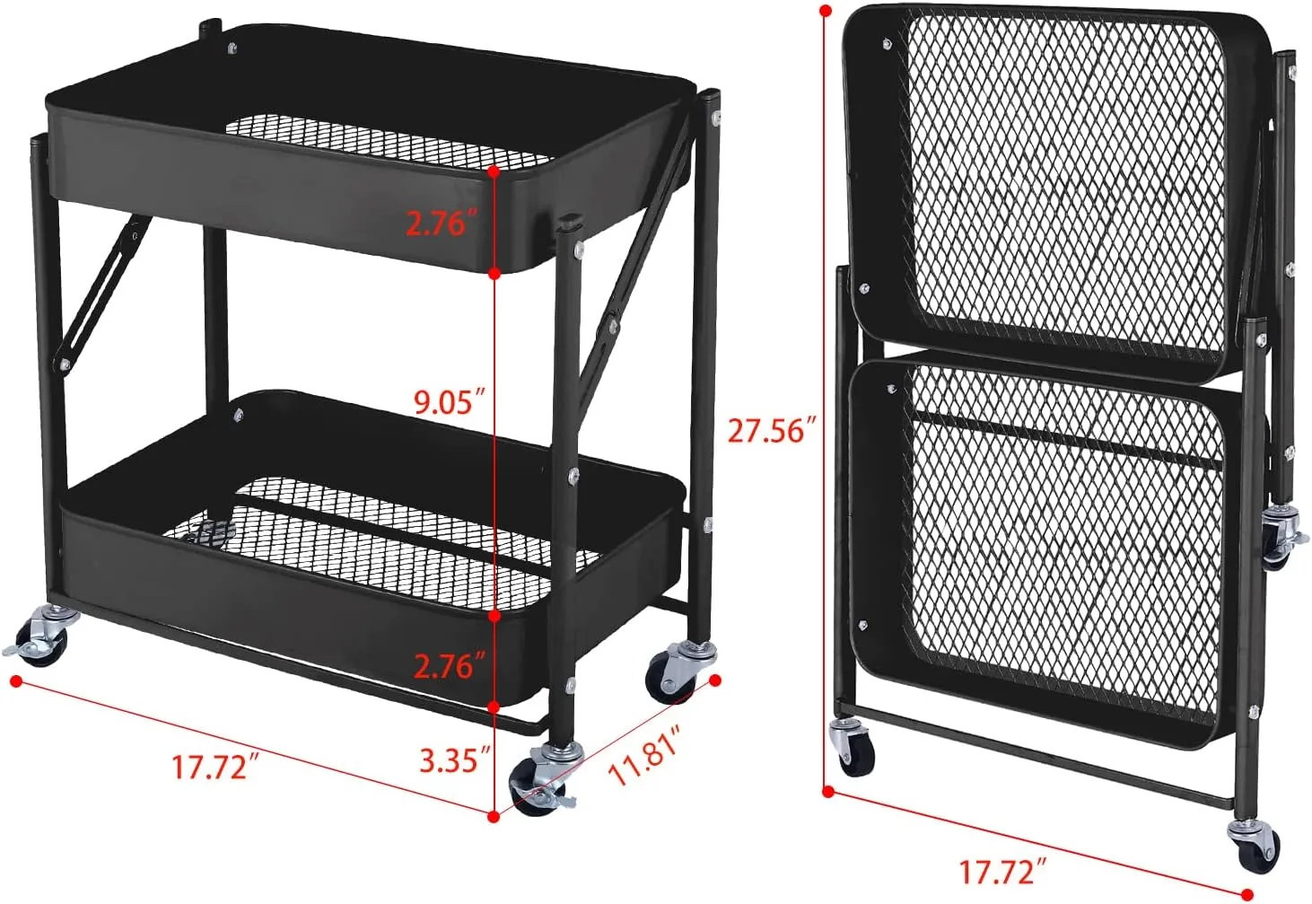 2-Tier Metal Folding Rolling Cart, Mobile Utility Cart Trolley Storage Organizer for Office Home Kitchen Organization, Sofa Side End Table with Wheels, Black