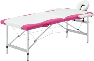2-Zone Foldable Massage Table with Adjustable Height and Carrying Bag, Durable Cushioning, for Professionals and Amateurs, White and Pink