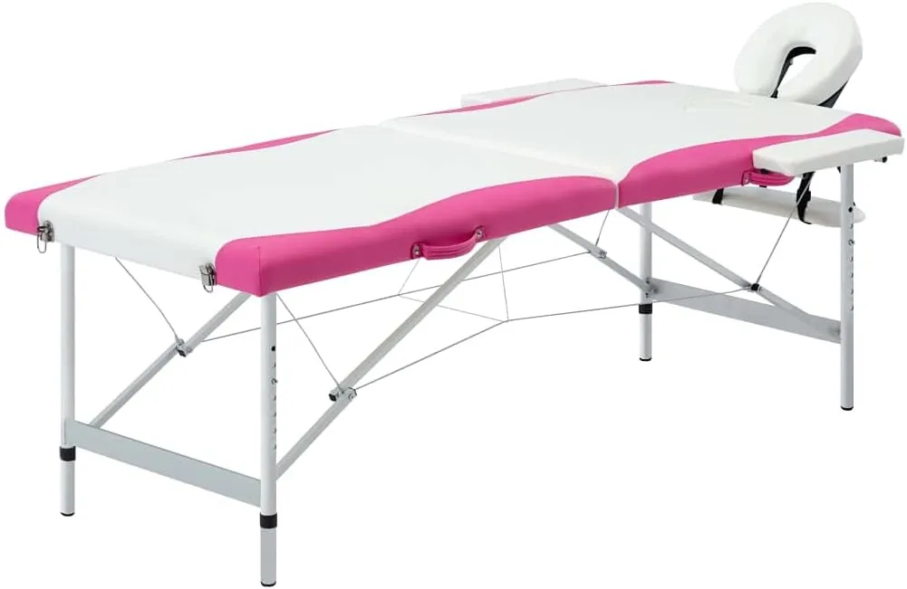 2-Zone Foldable Massage Table with Adjustable Height and Carrying Bag, Durable Cushioning, for Professionals and Amateurs, White and Pink