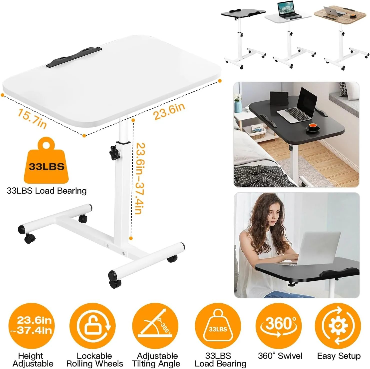 23.6 Inch Mobile Standing Desk, Height Adjustable Rolling Laptop Table, Tiltable Overbed Bedside Table, Portable Computer Cart with Wheels, Foldable for Home Office (White)