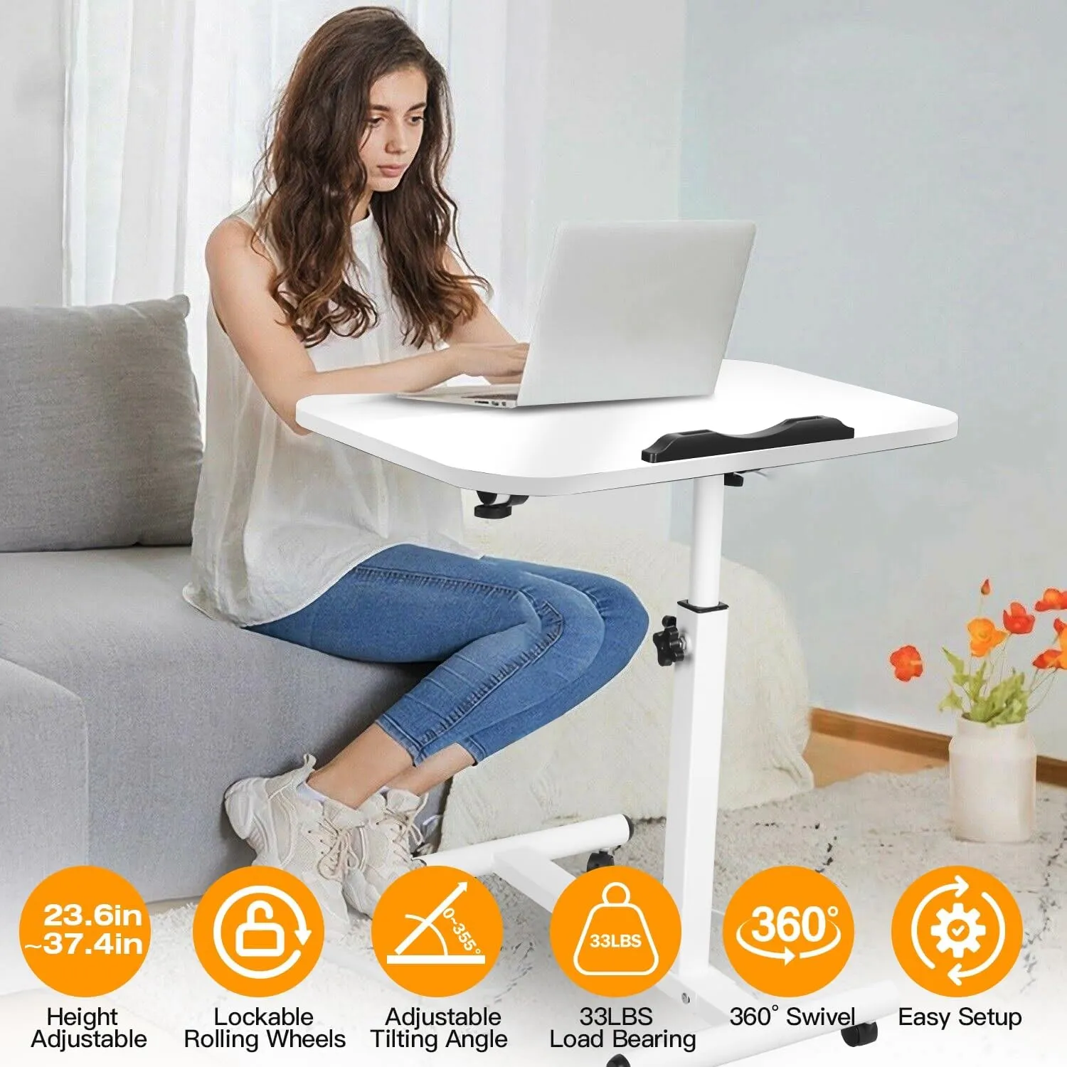 23.6 Inch Mobile Standing Desk, Height Adjustable Rolling Laptop Table, Tiltable Overbed Bedside Table, Portable Computer Cart with Wheels, Foldable for Home Office (White)