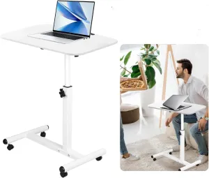 23.6 Inch Mobile Standing Desk, Height Adjustable Rolling Laptop Table, Tiltable Overbed Bedside Table, Portable Computer Cart with Wheels, Foldable for Home Office (White)