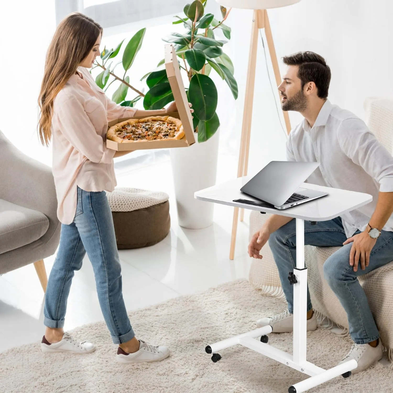 23.6 Inch Mobile Standing Desk, Height Adjustable Rolling Laptop Table, Tiltable Overbed Bedside Table, Portable Computer Cart with Wheels, Foldable for Home Office (White)