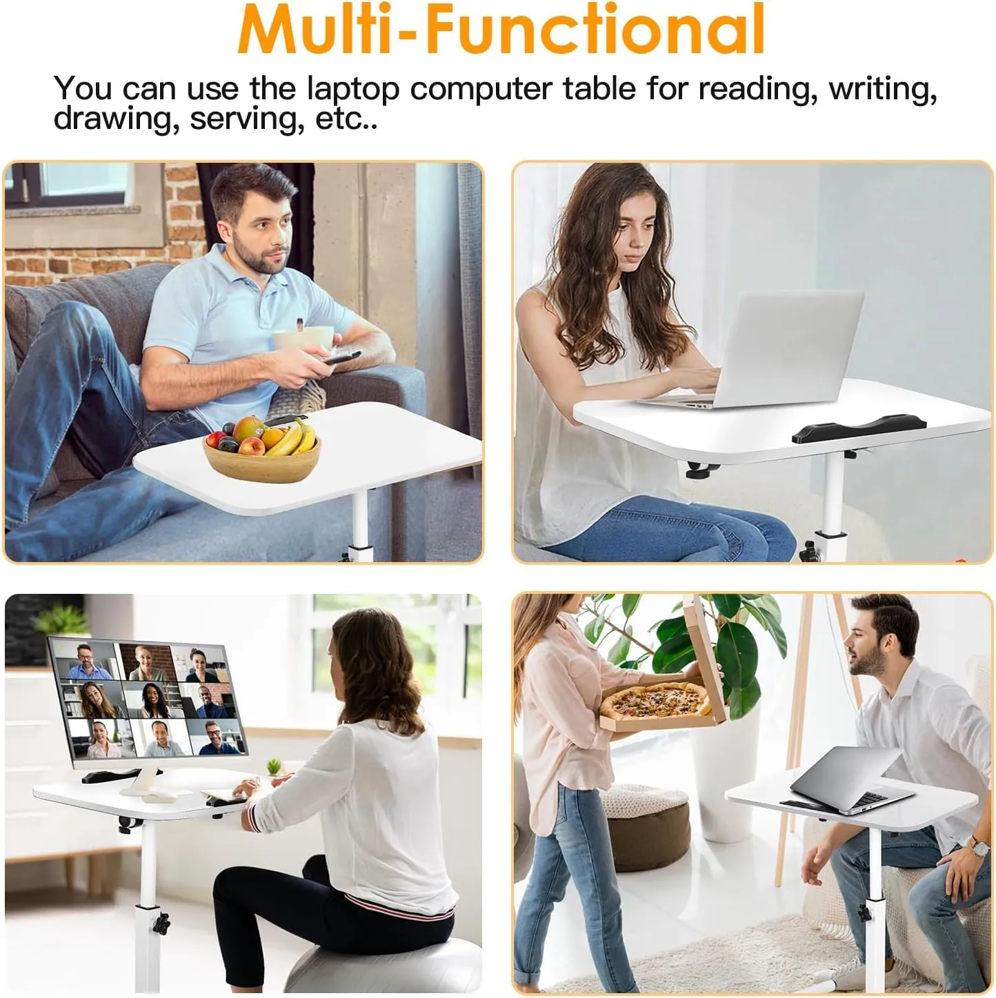 23.6 Inch Mobile Standing Desk, Height Adjustable Rolling Laptop Table, Tiltable Overbed Bedside Table, Portable Computer Cart with Wheels, Foldable for Home Office (White)