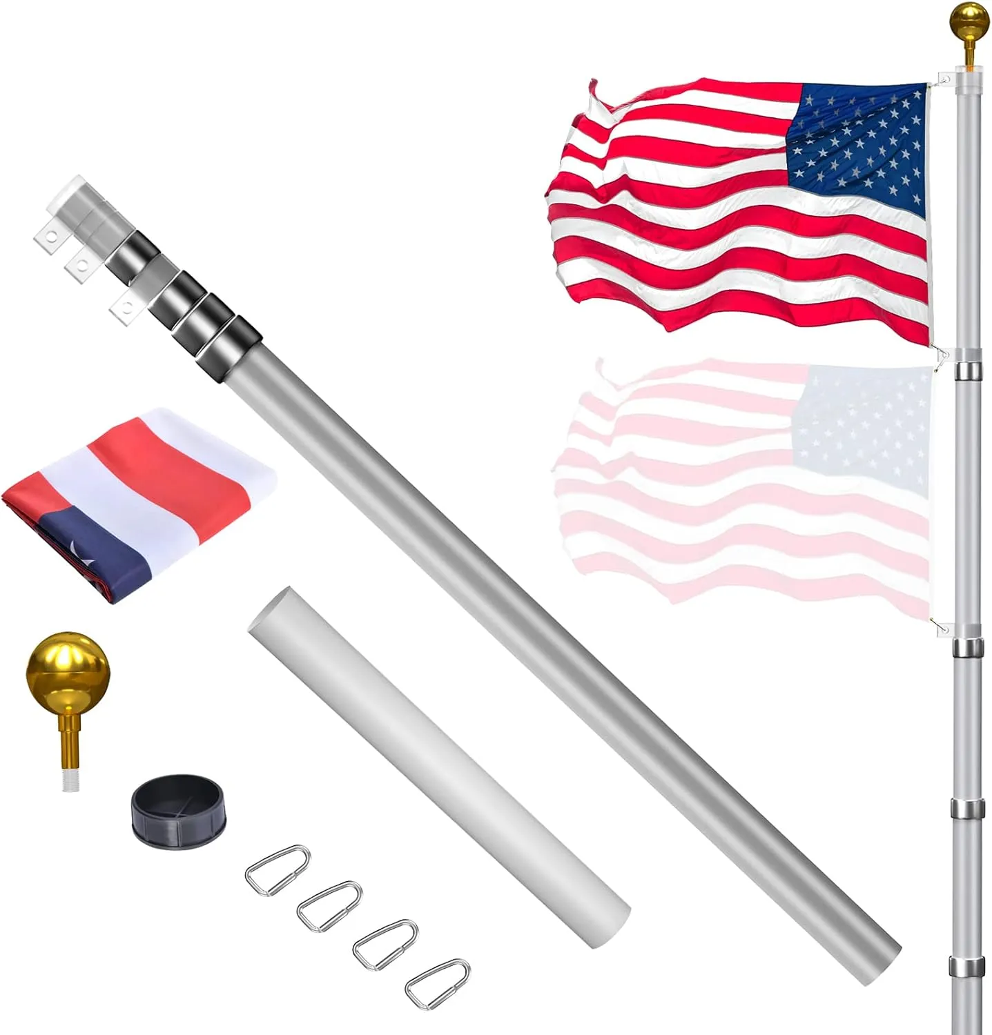 25FT Telescopic Flag Pole Kit: Extra Thick Telescoping Flag Poles, Silver Heavy Duty Flag Poles for Outside House Inground with 3x5 American Flag