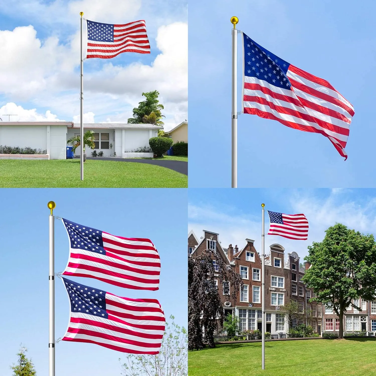 25FT Telescopic Flag Pole Kit: Extra Thick Telescoping Flag Poles, Silver Heavy Duty Flag Poles for Outside House Inground with 3x5 American Flag
