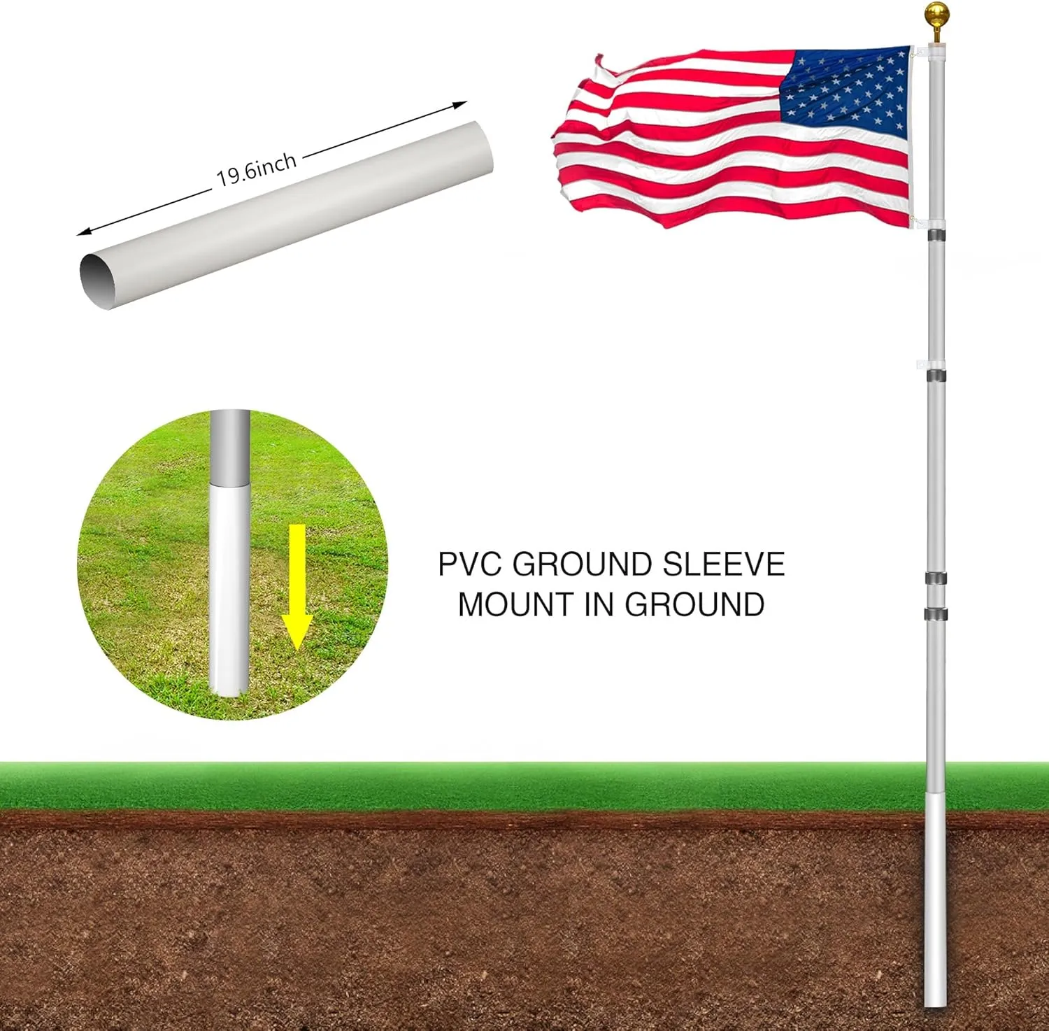 25FT Telescopic Flag Pole Kit: Extra Thick Telescoping Flag Poles, Silver Heavy Duty Flag Poles for Outside House Inground with 3x5 American Flag