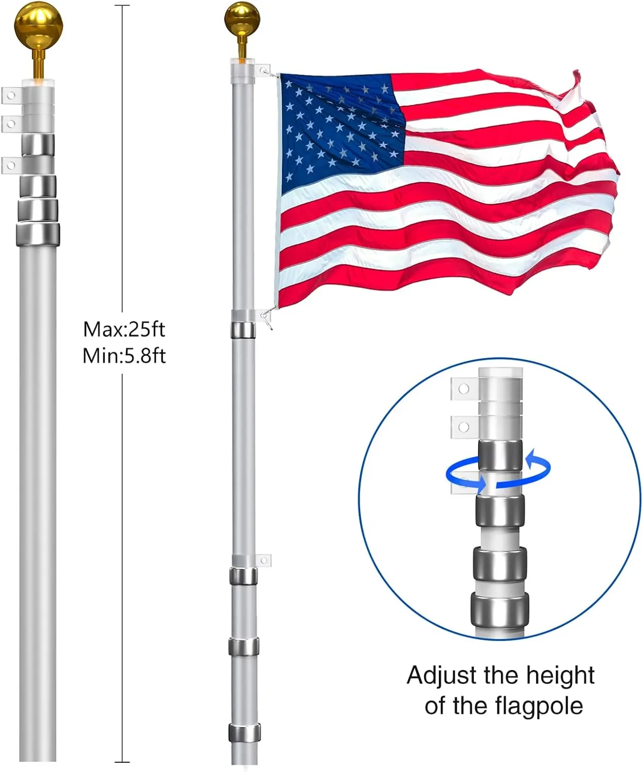 25FT Telescopic Flag Pole Kit: Extra Thick Telescoping Flag Poles, Silver Heavy Duty Flag Poles for Outside House Inground with 3x5 American Flag