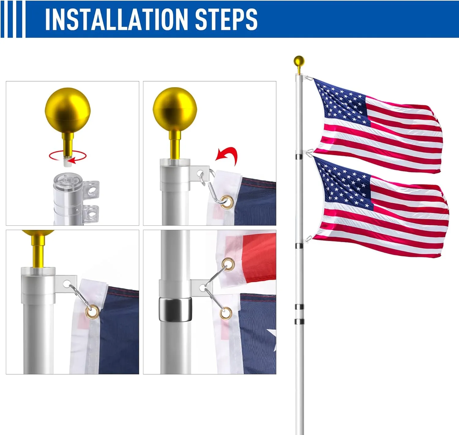 25FT Telescopic Flag Pole Kit: Extra Thick Telescoping Flag Poles, Silver Heavy Duty Flag Poles for Outside House Inground with 3x5 American Flag