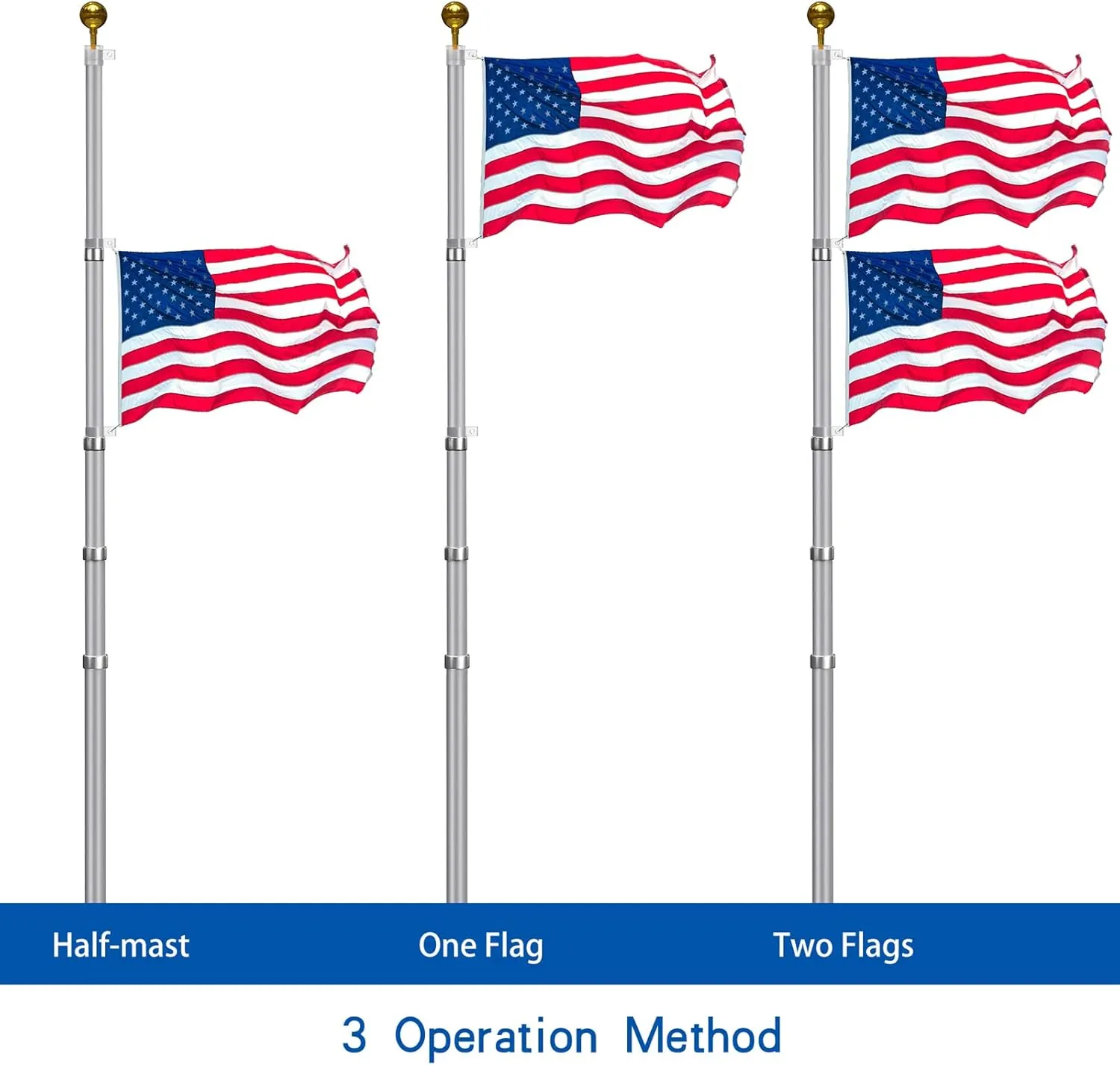 25FT Telescopic Flag Pole Kit: Extra Thick Telescoping Flag Poles, Silver Heavy Duty Flag Poles for Outside House Inground with 3x5 American Flag