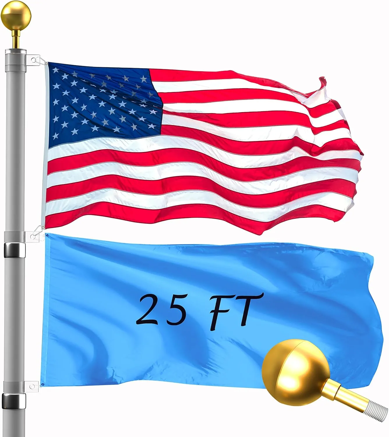 25FT Telescopic Flag Pole Kit: Extra Thick Telescoping Flag Poles, Silver Heavy Duty Flag Poles for Outside House Inground with 3x5 American Flag