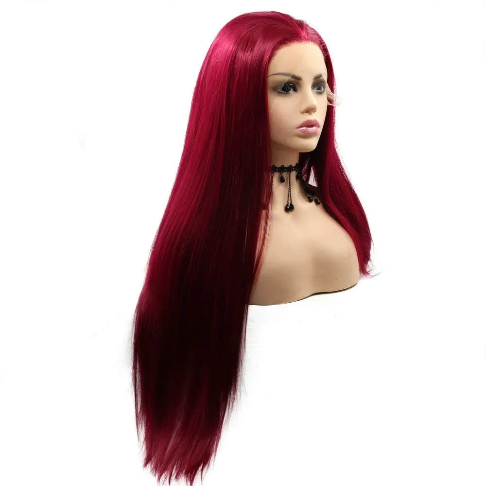26inch Wine Red Synthetic Lace Front Wig Long Straight Synthetic Wigs for Fashion Women Cosplay Party Glueless Heat Resistant Fiber Hair (Wine Red)