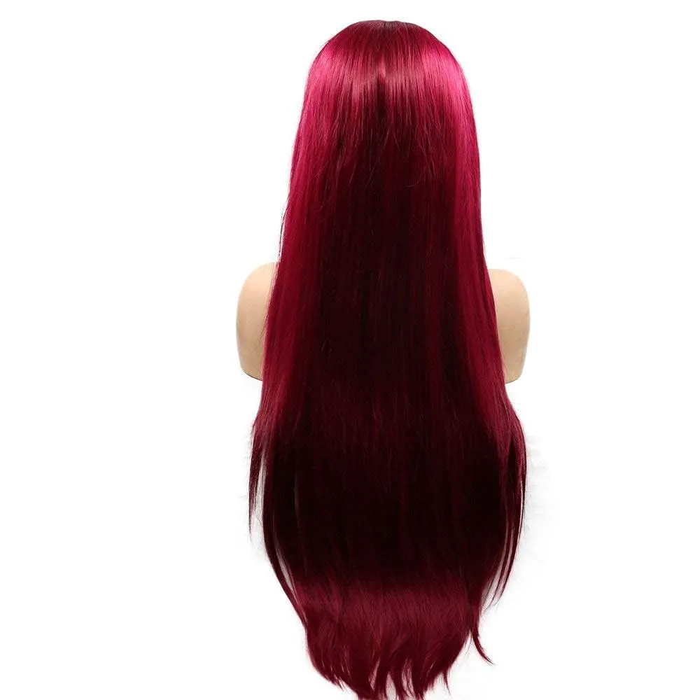 26inch Wine Red Synthetic Lace Front Wig Long Straight Synthetic Wigs for Fashion Women Cosplay Party Glueless Heat Resistant Fiber Hair (Wine Red)