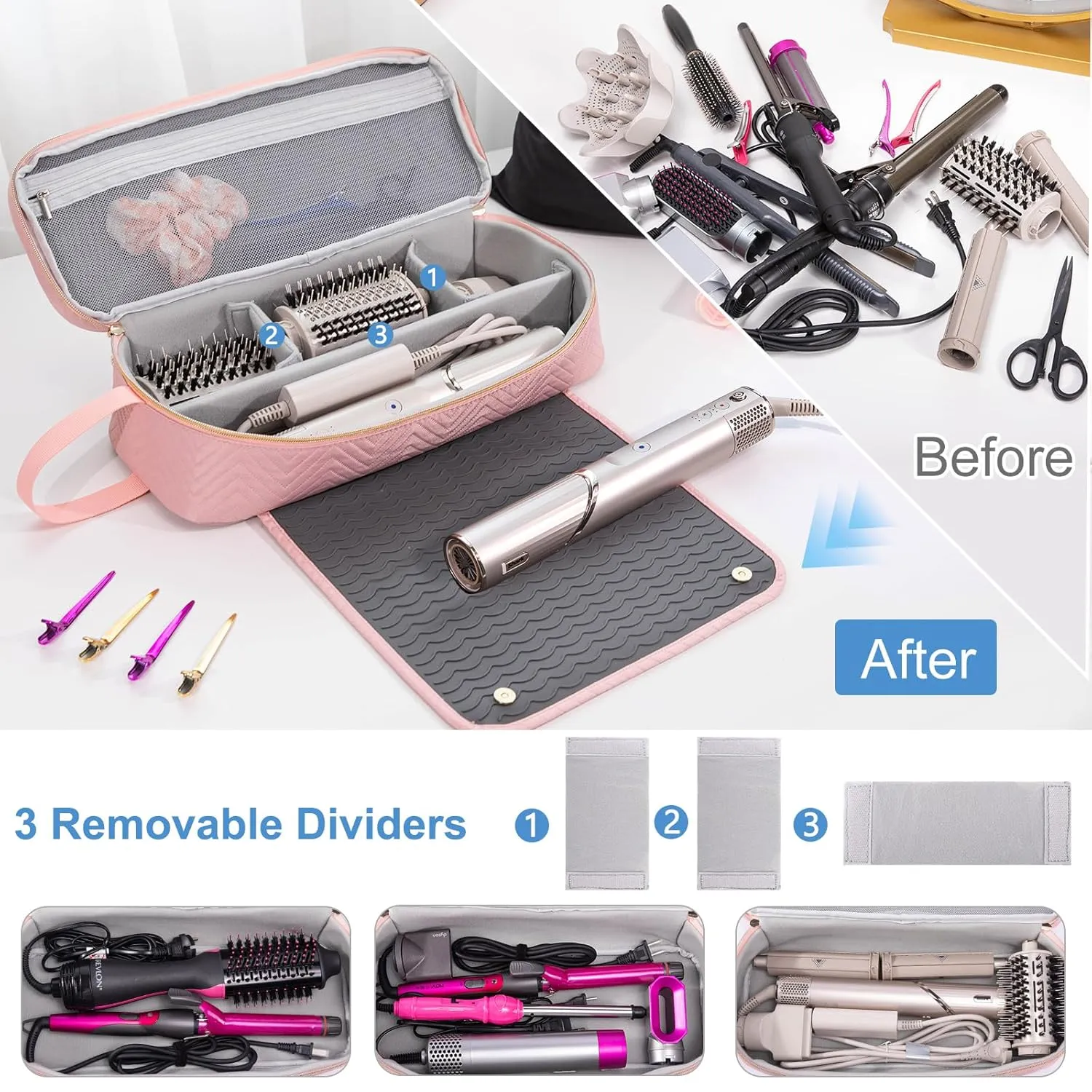 2IN1 Hair Tools Travel Bag with Heat Resistant Mat for Shark Flexstyle, Flat Irons, Straighteners, Curling Iron, Hair Dryer Case Compatible with Revlon One-Step Hair Dryer, Hair Essentials