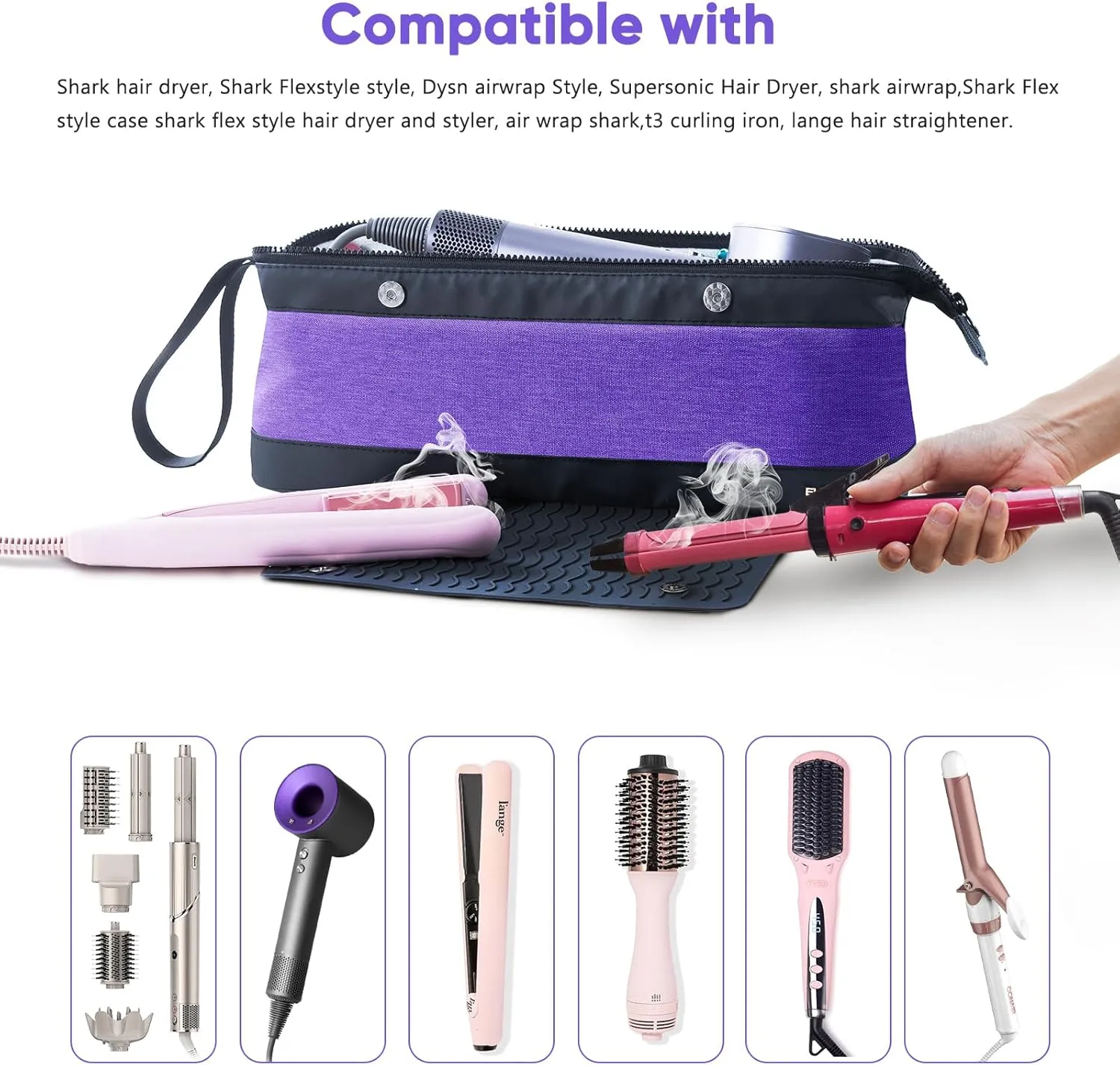 2IN1 Hair Tools Travel Bag with Heat Resistant Mat for Shark Flextyle, Flat Irons, Straighteners, Curling Iron, and Haircare Accessories,Compatible with Revvlon One Step Hair Dryer