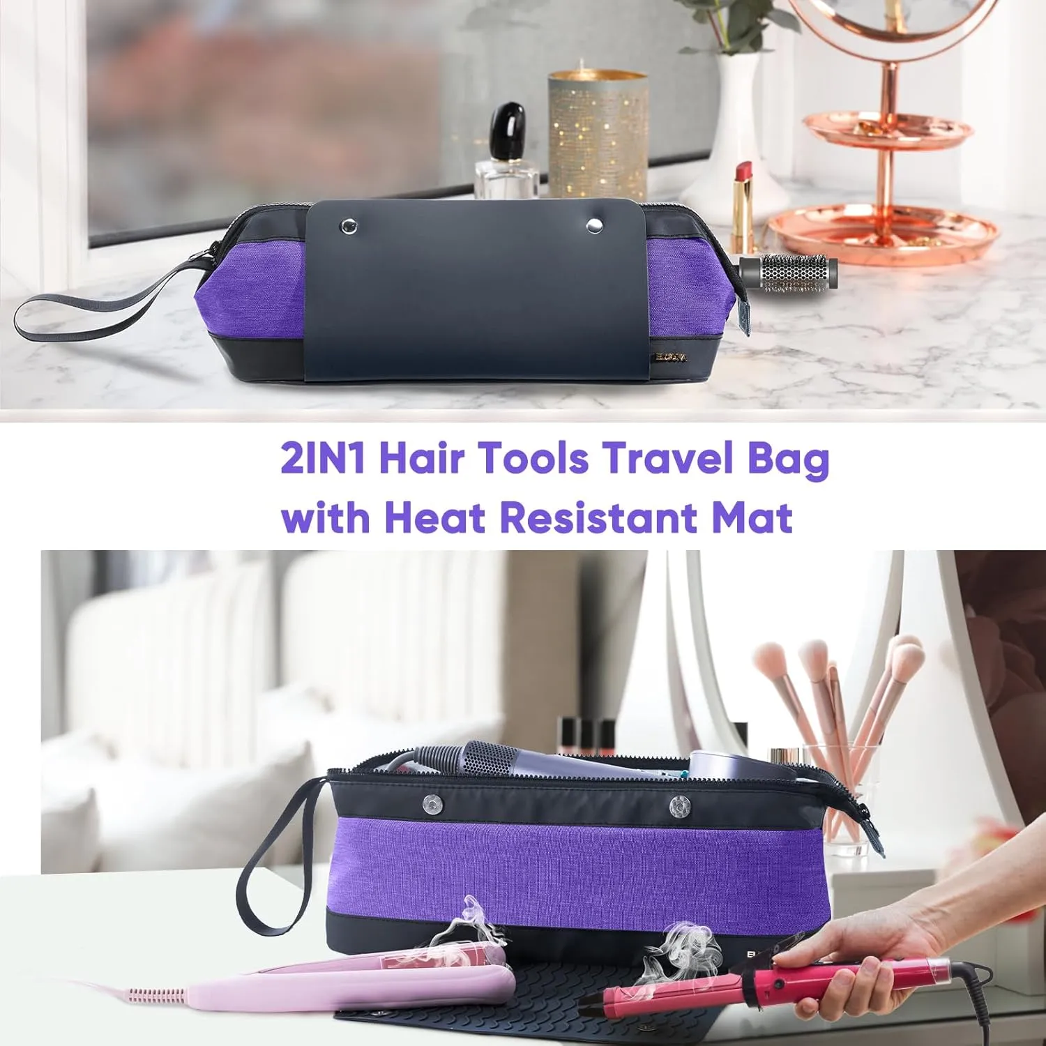 2IN1 Hair Tools Travel Bag with Heat Resistant Mat for Shark Flextyle, Flat Irons, Straighteners, Curling Iron, and Haircare Accessories,Compatible with Revvlon One Step Hair Dryer