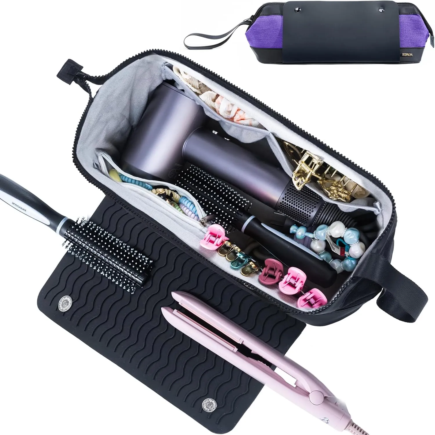 2IN1 Hair Tools Travel Bag with Heat Resistant Mat for Shark Flextyle, Flat Irons, Straighteners, Curling Iron, and Haircare Accessories,Compatible with Revvlon One Step Hair Dryer