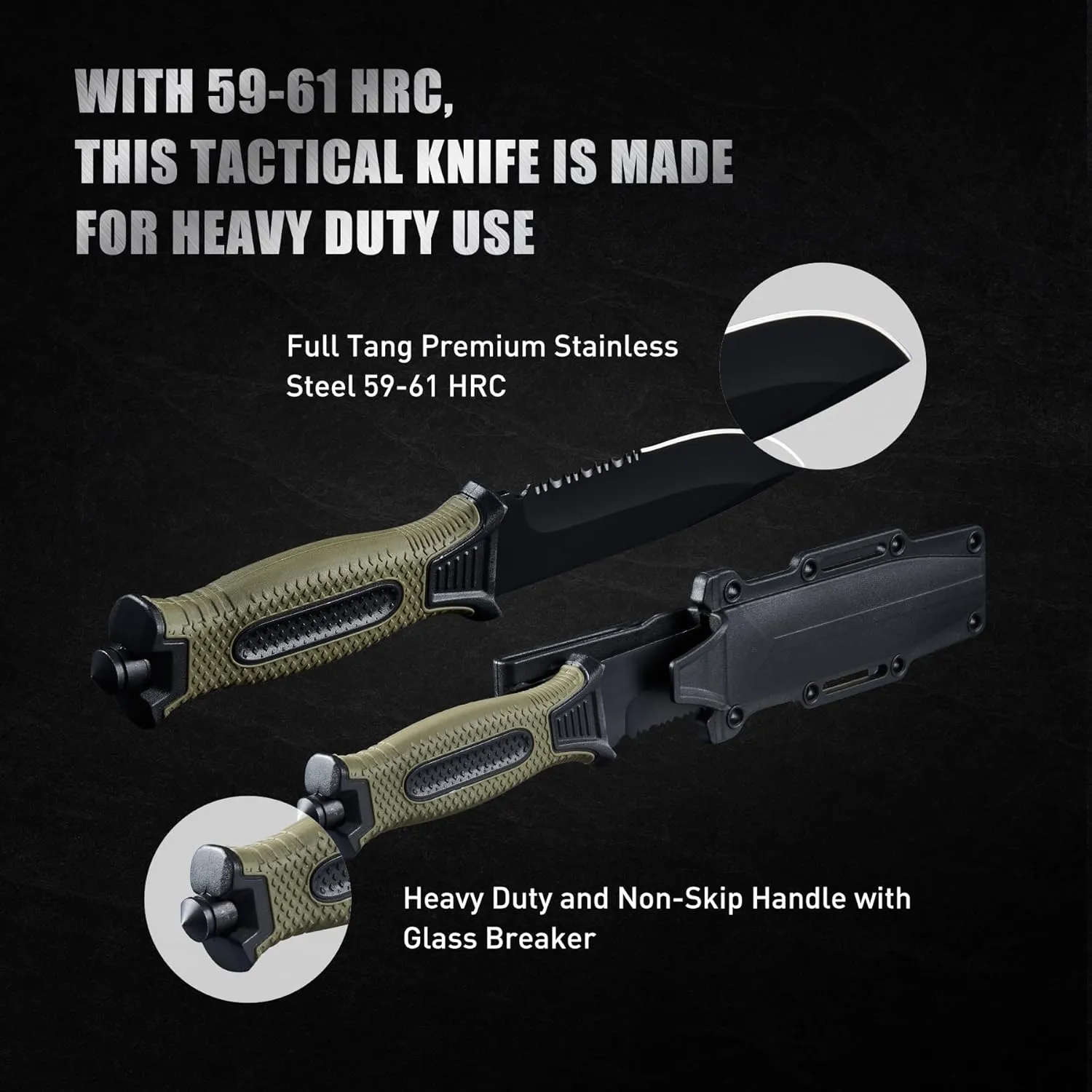 2pcs 10" Fixed Blade Tactical Knives with Sheath and Clip, Survival Full Tang Non-Slip Handle Knife for Camping, Hunting, Adventure, Outdoors, EDC, Green Handle