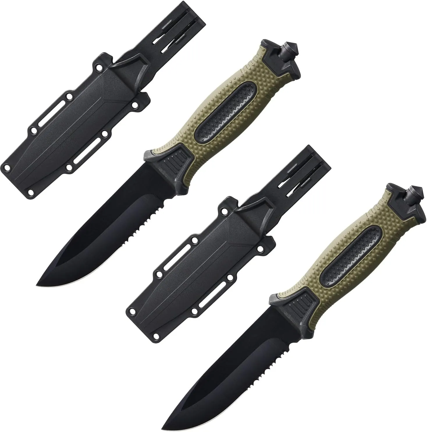 2pcs 10" Fixed Blade Tactical Knives with Sheath and Clip, Survival Full Tang Non-Slip Handle Knife for Camping, Hunting, Adventure, Outdoors, EDC, Green Handle
