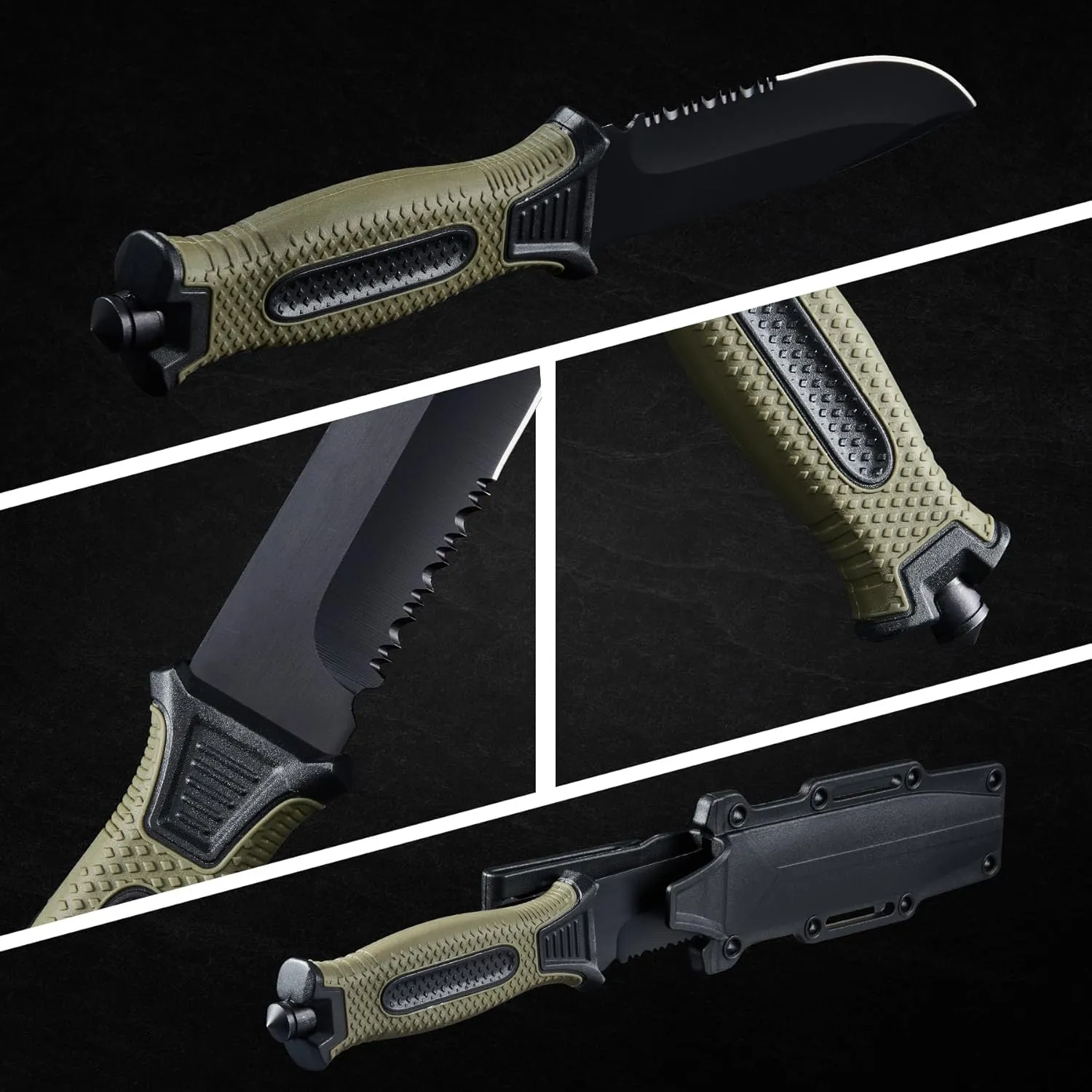 2pcs 10" Fixed Blade Tactical Knives with Sheath and Clip, Survival Full Tang Non-Slip Handle Knife for Camping, Hunting, Adventure, Outdoors, EDC, Green Handle