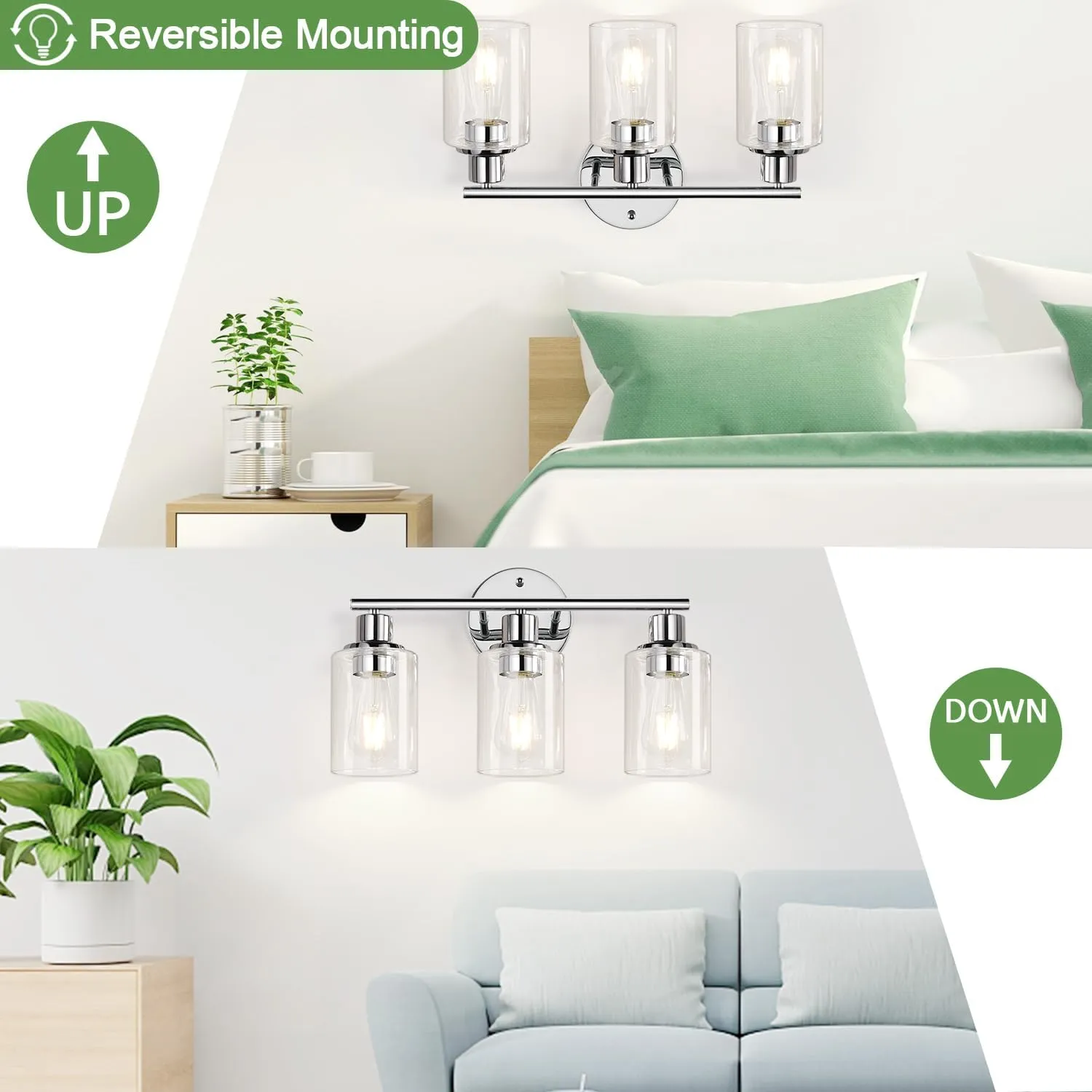 3-Light Bathroom Light Fixtures, Chrome Bathroom Wall Light with Clear Glass Shade, Bathroom Wall Lamp for Mirror Kitchen Living Room Hallway Cabinet