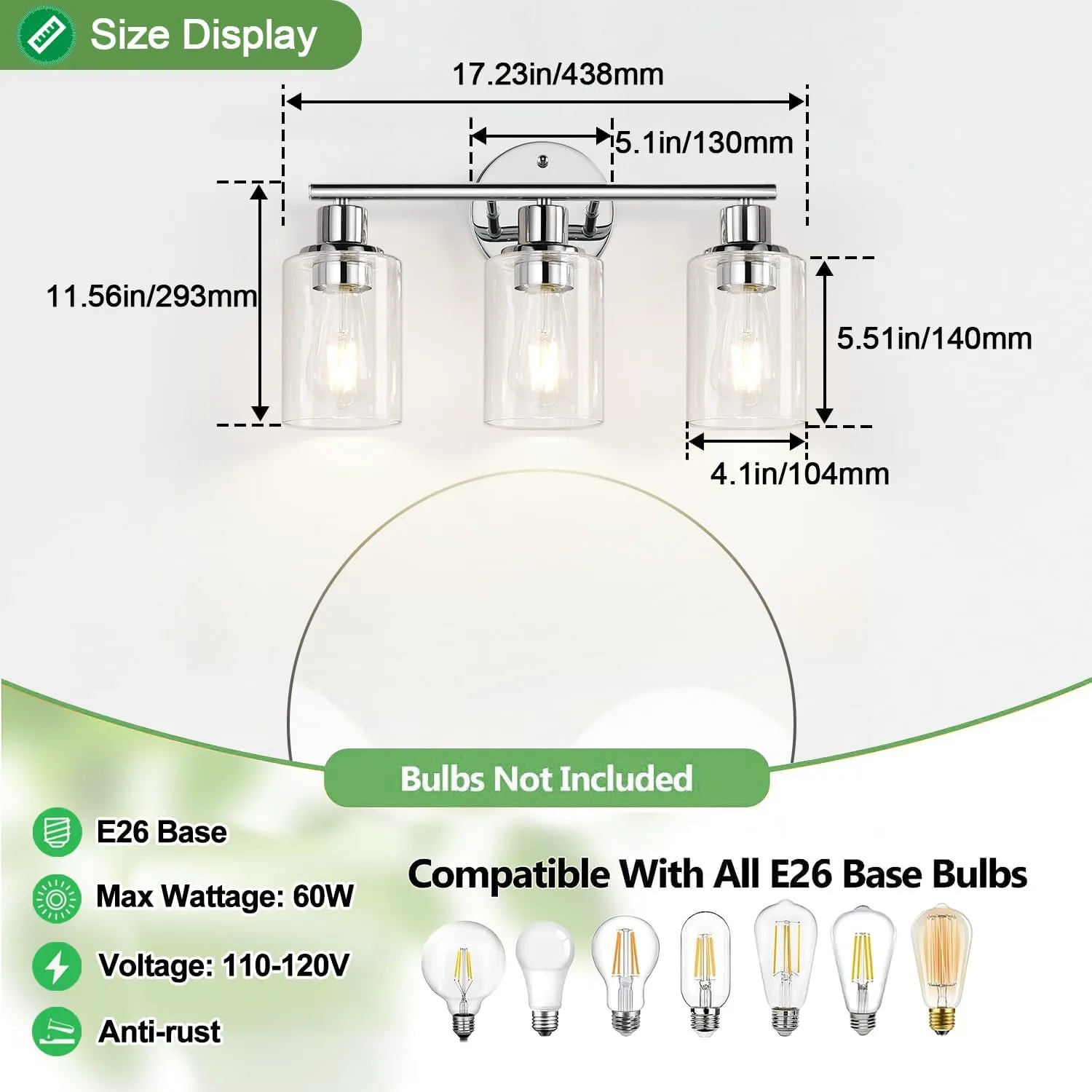 3-Light Bathroom Light Fixtures, Chrome Bathroom Wall Light with Clear Glass Shade, Bathroom Wall Lamp for Mirror Kitchen Living Room Hallway Cabinet