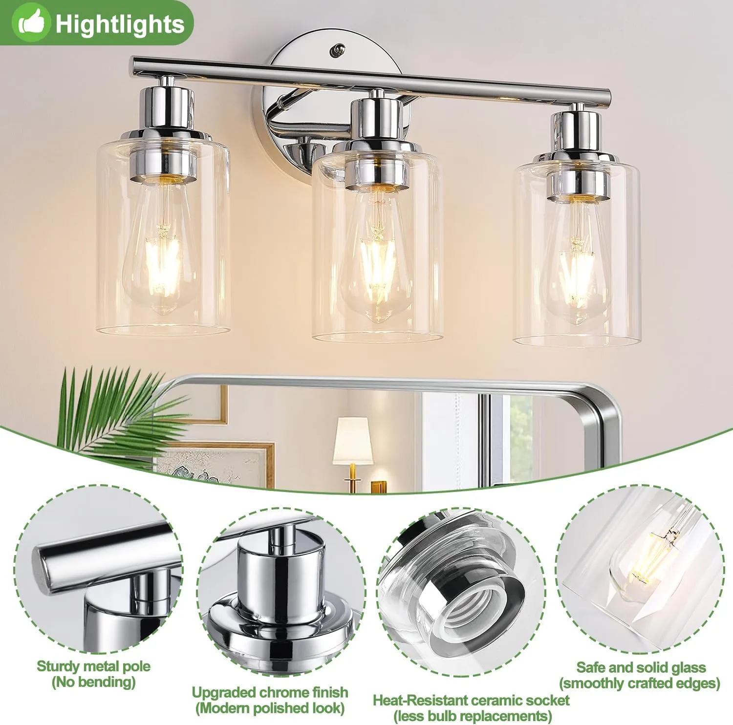 3-Light Bathroom Light Fixtures, Chrome Bathroom Wall Light with Clear Glass Shade, Bathroom Wall Lamp for Mirror Kitchen Living Room Hallway Cabinet