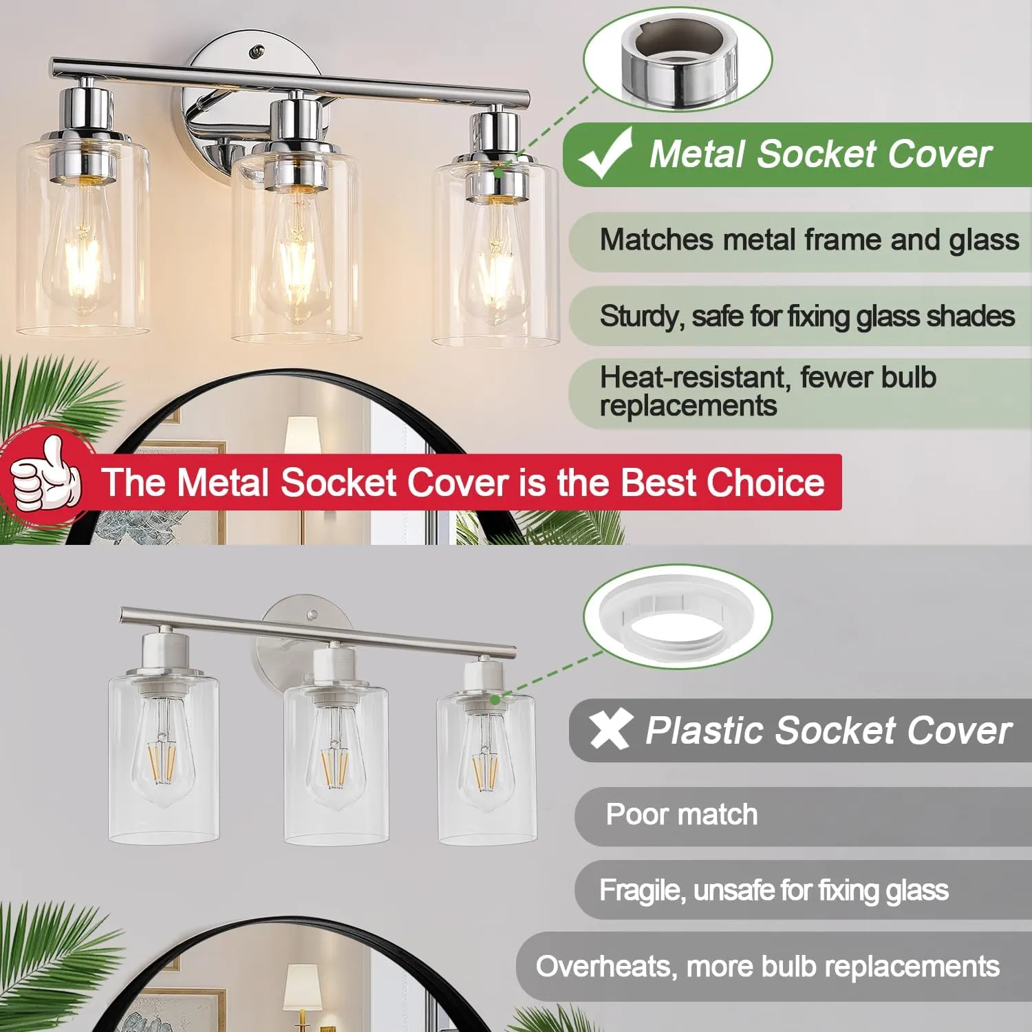 3-Light Bathroom Light Fixtures, Chrome Bathroom Wall Light with Clear Glass Shade, Bathroom Wall Lamp for Mirror Kitchen Living Room Hallway Cabinet