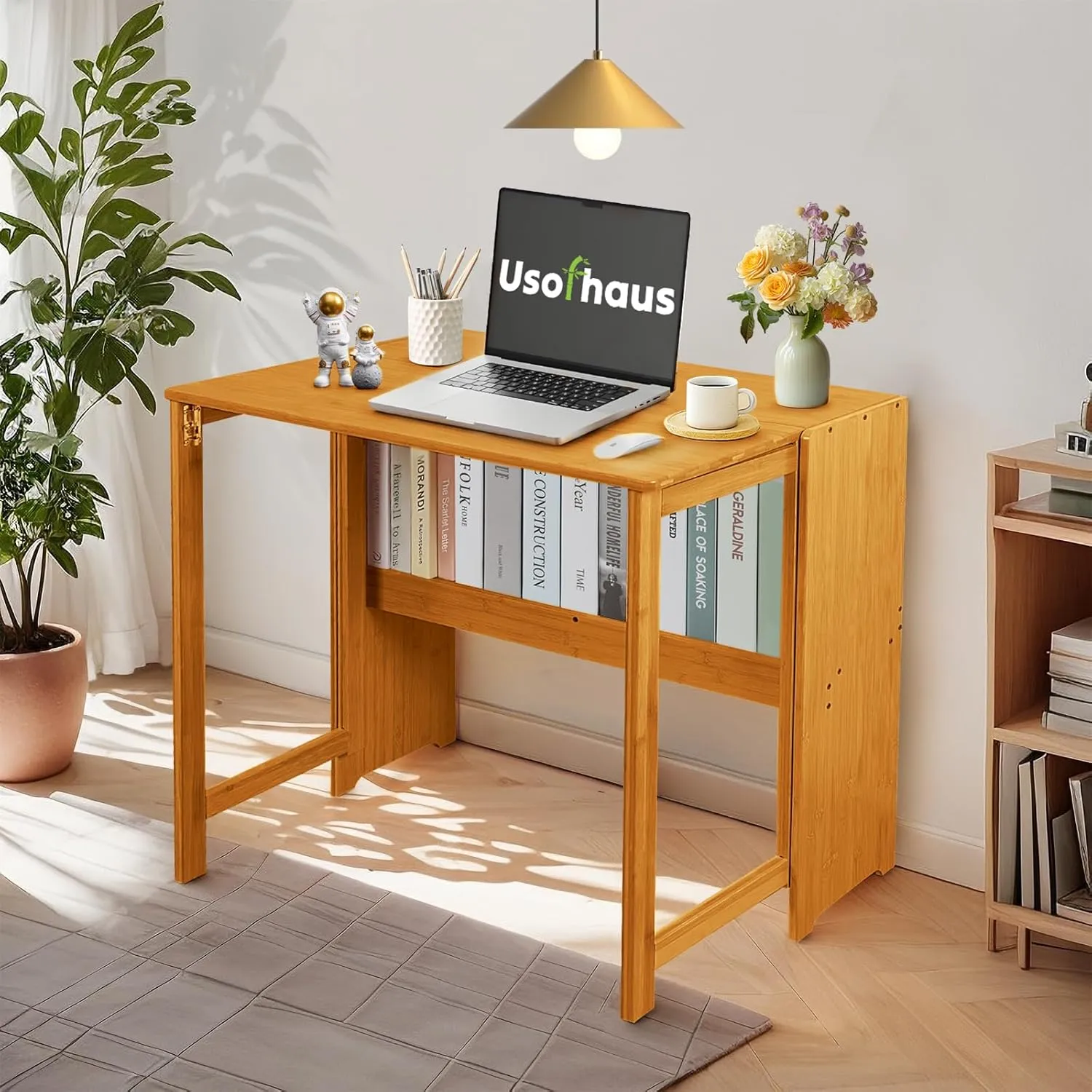 31.5" Bamboo Folding Desk,Space-Saving Computer Desk for Small Spaces, Foldable Study Table for Bedroom, Home Office, Dorm, Apartment（Brown