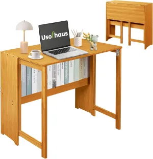 31.5" Bamboo Folding Desk,Space-Saving Computer Desk for Small Spaces, Foldable Study Table for Bedroom, Home Office, Dorm, Apartment（Brown