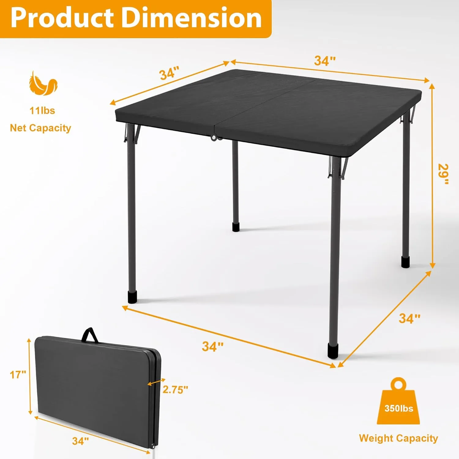 34" Folding Table, Portable Square Folding Card Table with Collapsible Legs & Carrying Handle, Plastic Tables for Camping,Picnic, Office, Party, Grey
