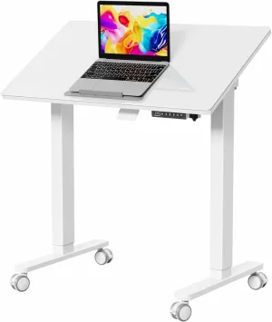 35inch Glass Standing Desk，90° Tiltable Mobile Rising Desk Height Adjustable，Whole Piece Rolling Sit Stand Table with Wheels，Foldable Small Laptop Desk，White
