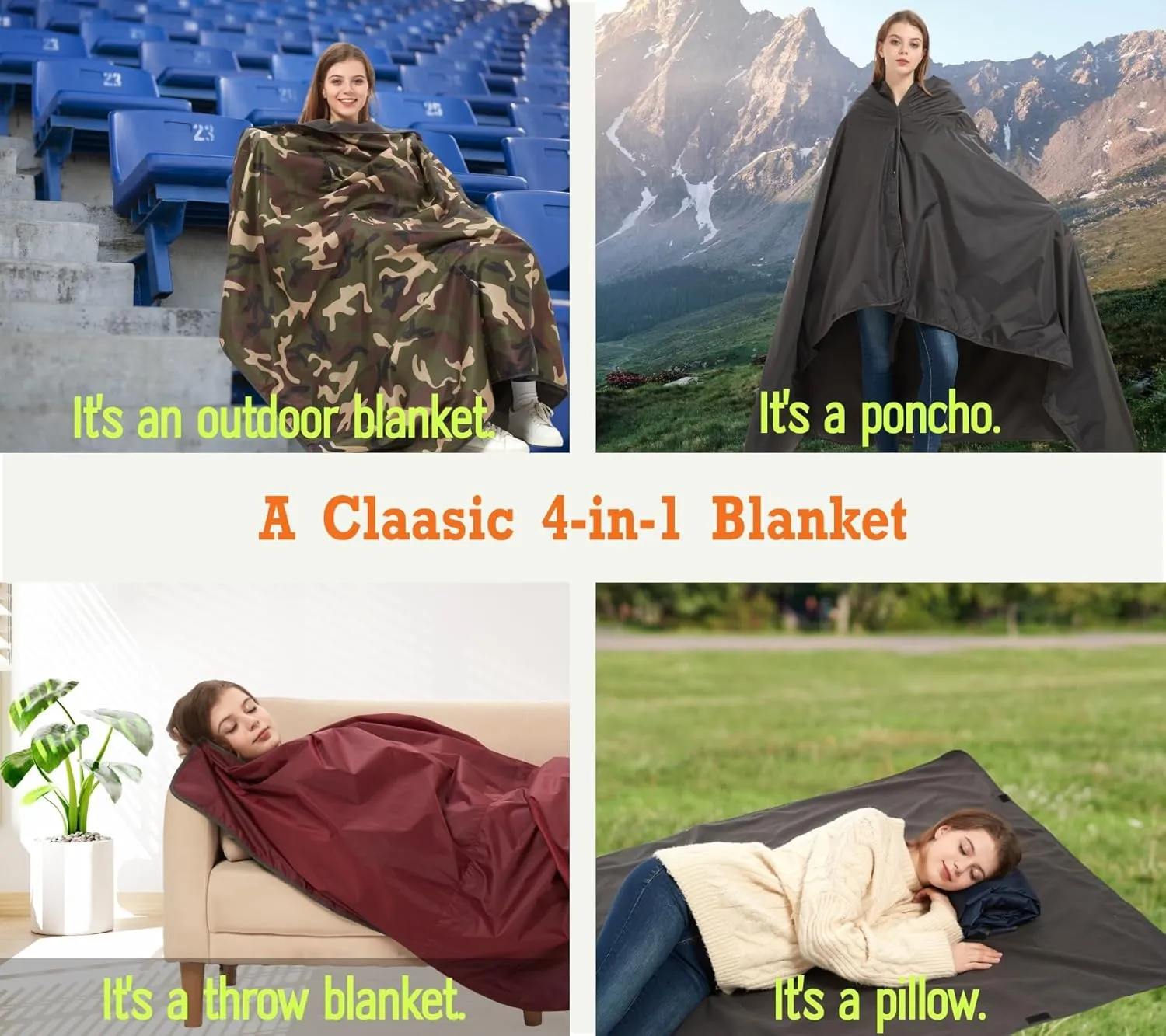 4-in-1 Large Camping Blankets - Waterproof, Windproof Fleece Outdoor Blankets for Stadium, Sports, Car, Concert - 81"x57", Portable (Camouflage)
