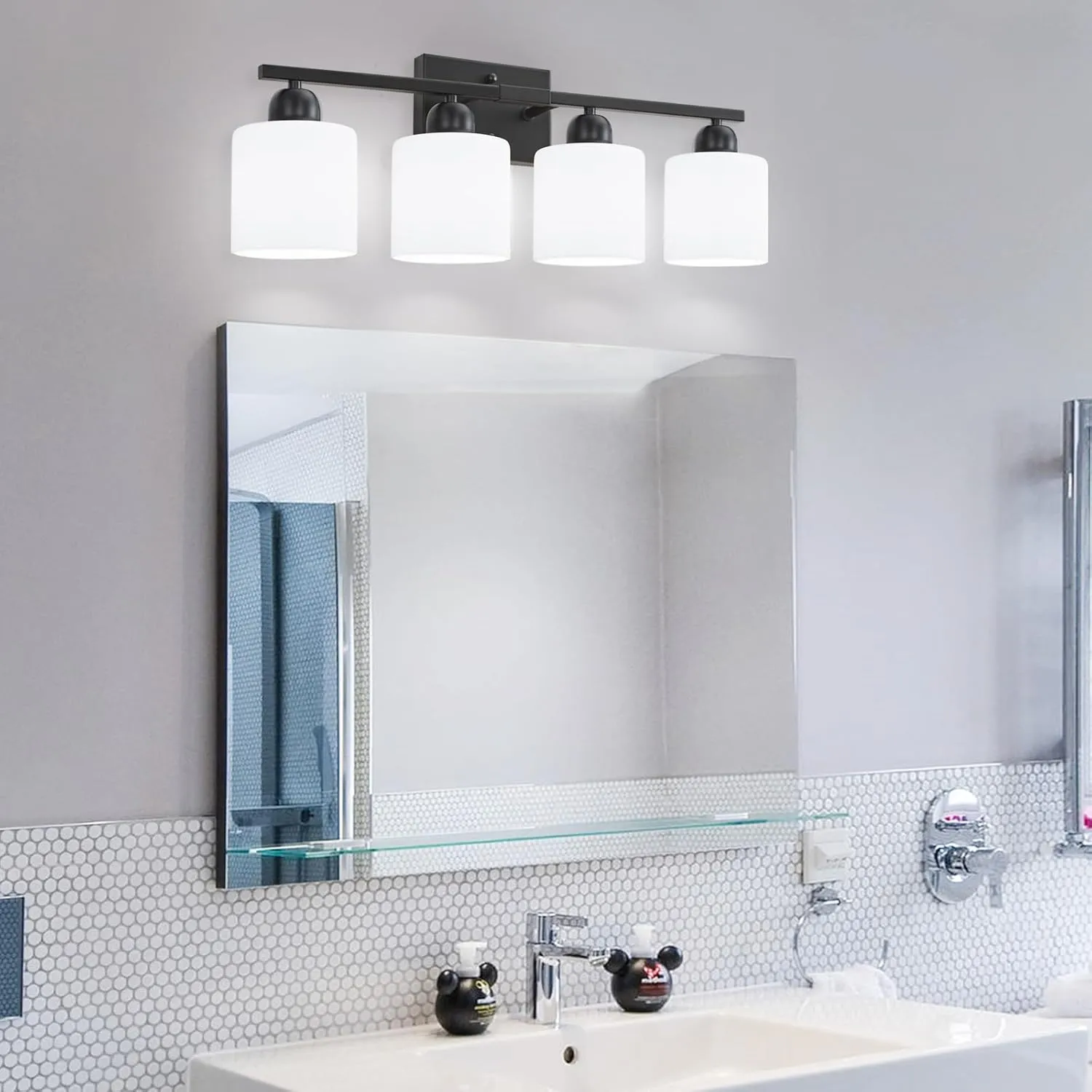 4-Light Black Bathroom Vanity Light, Bathroom Light Fixtures with Clear Glass Shades, Black Vanity Light for Bathroom Mirror, Bedroom, Living Room, Vanity Table, E26 Base