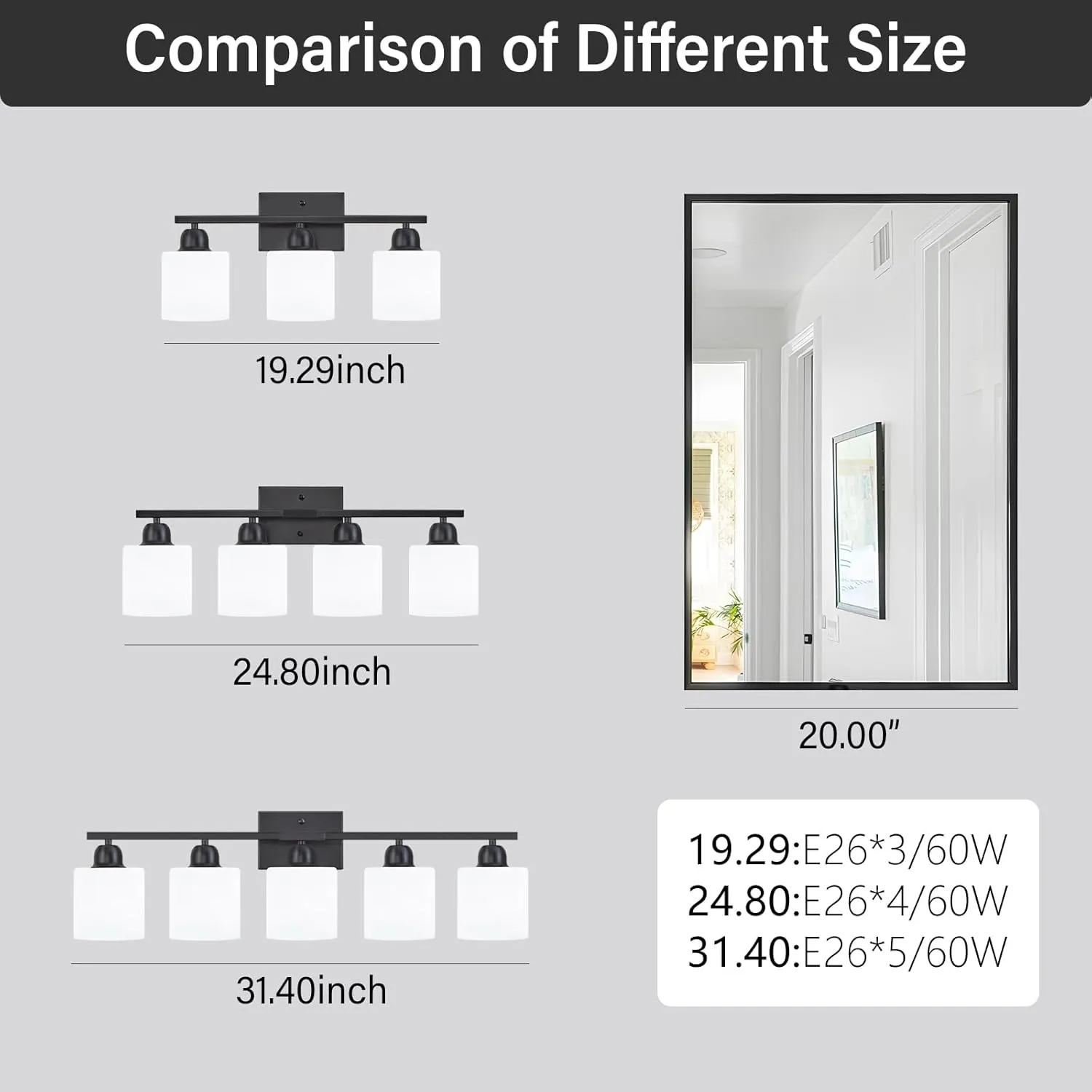 4-Light Black Bathroom Vanity Light, Bathroom Light Fixtures with Clear Glass Shades, Black Vanity Light for Bathroom Mirror, Bedroom, Living Room, Vanity Table, E26 Base