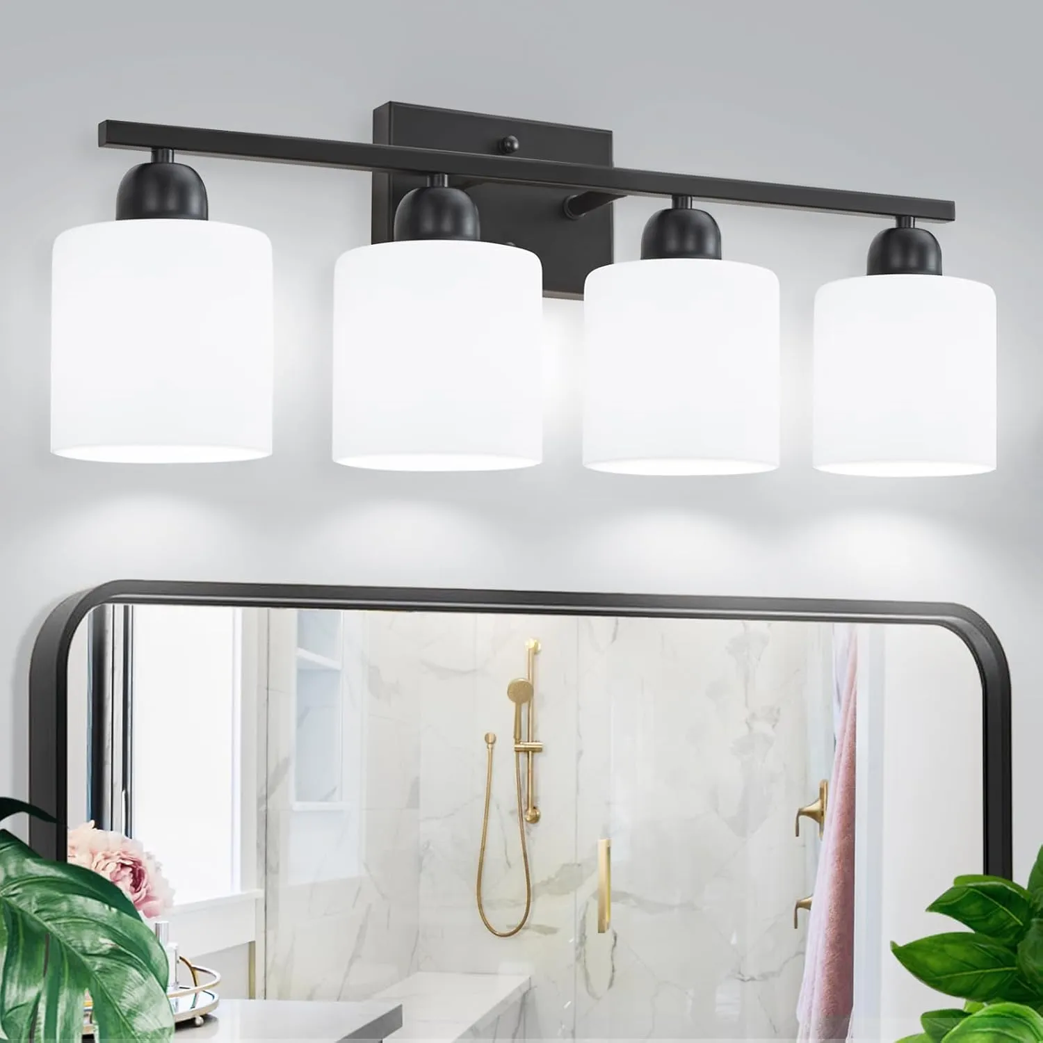 4-Light Black Bathroom Vanity Light, Bathroom Light Fixtures with Clear Glass Shades, Black Vanity Light for Bathroom Mirror, Bedroom, Living Room, Vanity Table, E26 Base