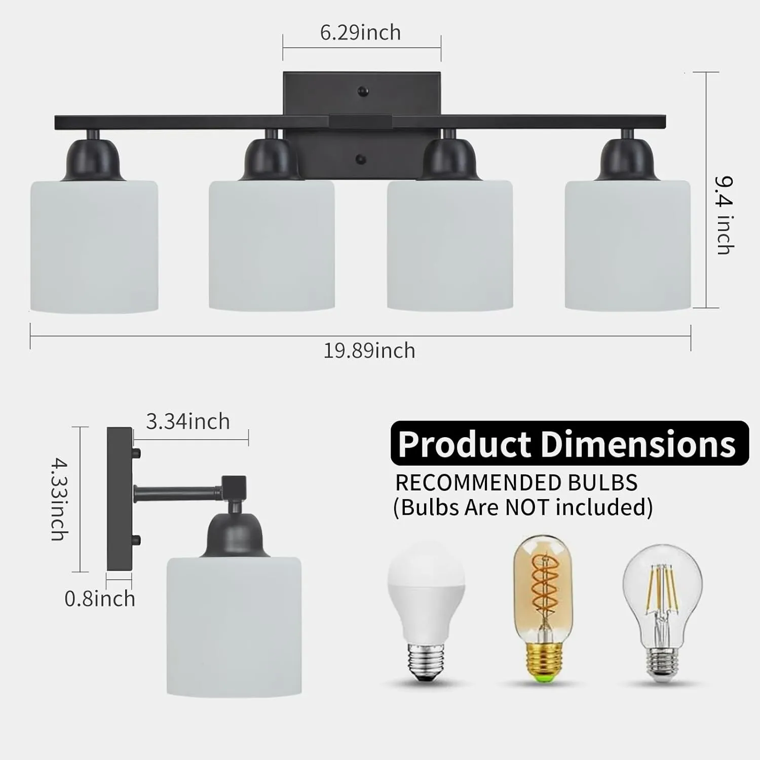 4-Light Black Bathroom Vanity Light, Bathroom Light Fixtures with Clear Glass Shades, Black Vanity Light for Bathroom Mirror, Bedroom, Living Room, Vanity Table, E26 Base