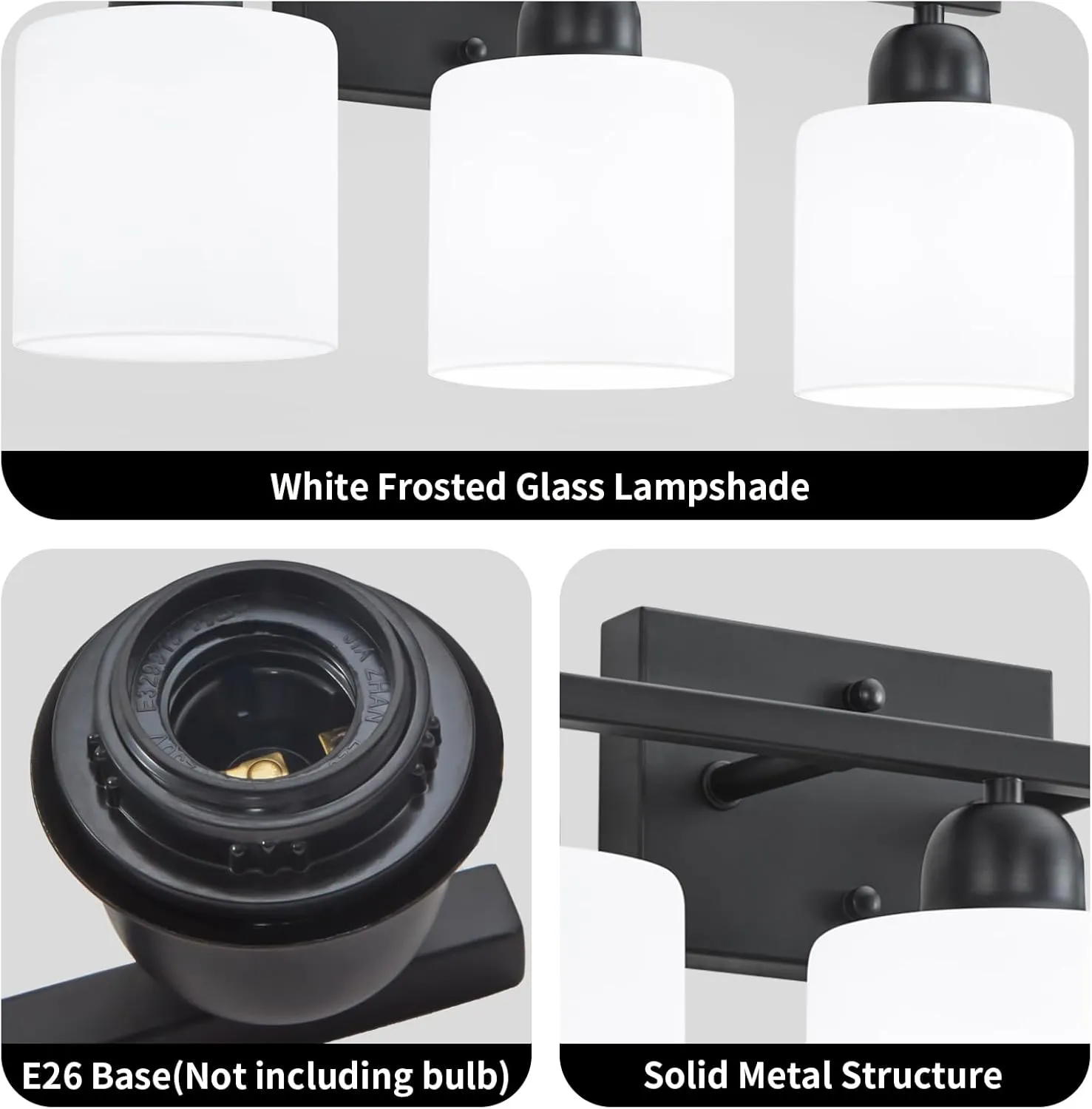 4-Light Black Bathroom Vanity Light, Bathroom Light Fixtures with Clear Glass Shades, Black Vanity Light for Bathroom Mirror, Bedroom, Living Room, Vanity Table, E26 Base