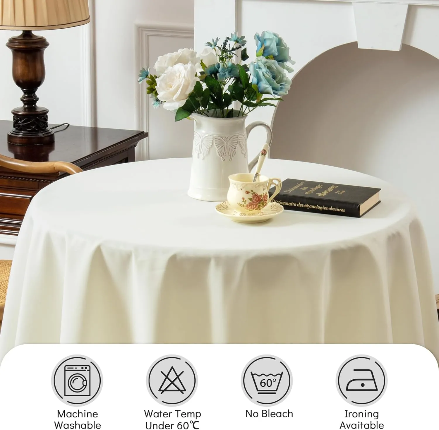 4 Pack Ivory Round Tablecloth - 52 Inch Fabric Table Cloth, Waterproof and Wrinkle Resistant Washable Polyester Table Cover for Dining Table, Buffet Parties and Camping