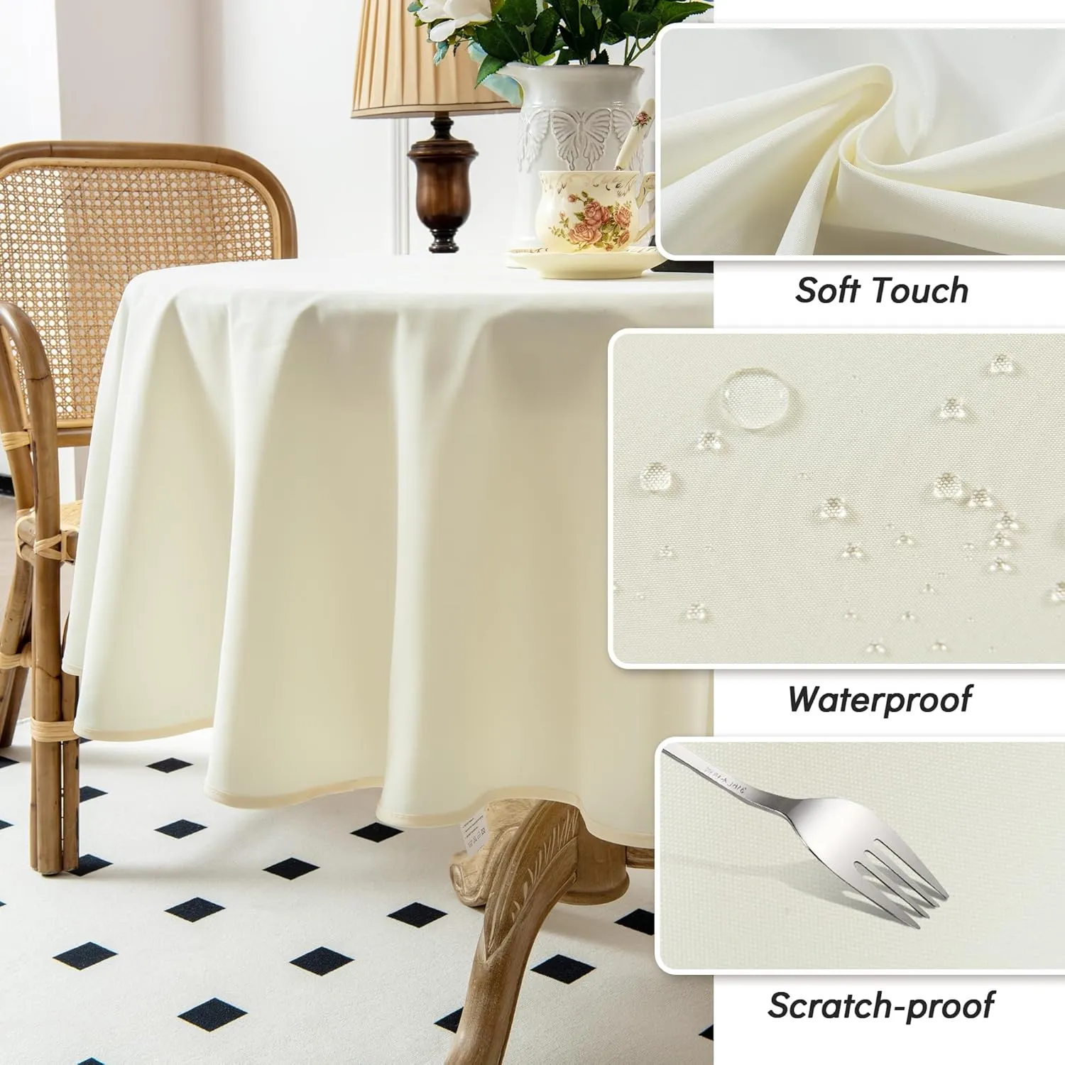 4 Pack Ivory Round Tablecloth - 52 Inch Fabric Table Cloth, Waterproof and Wrinkle Resistant Washable Polyester Table Cover for Dining Table, Buffet Parties and Camping